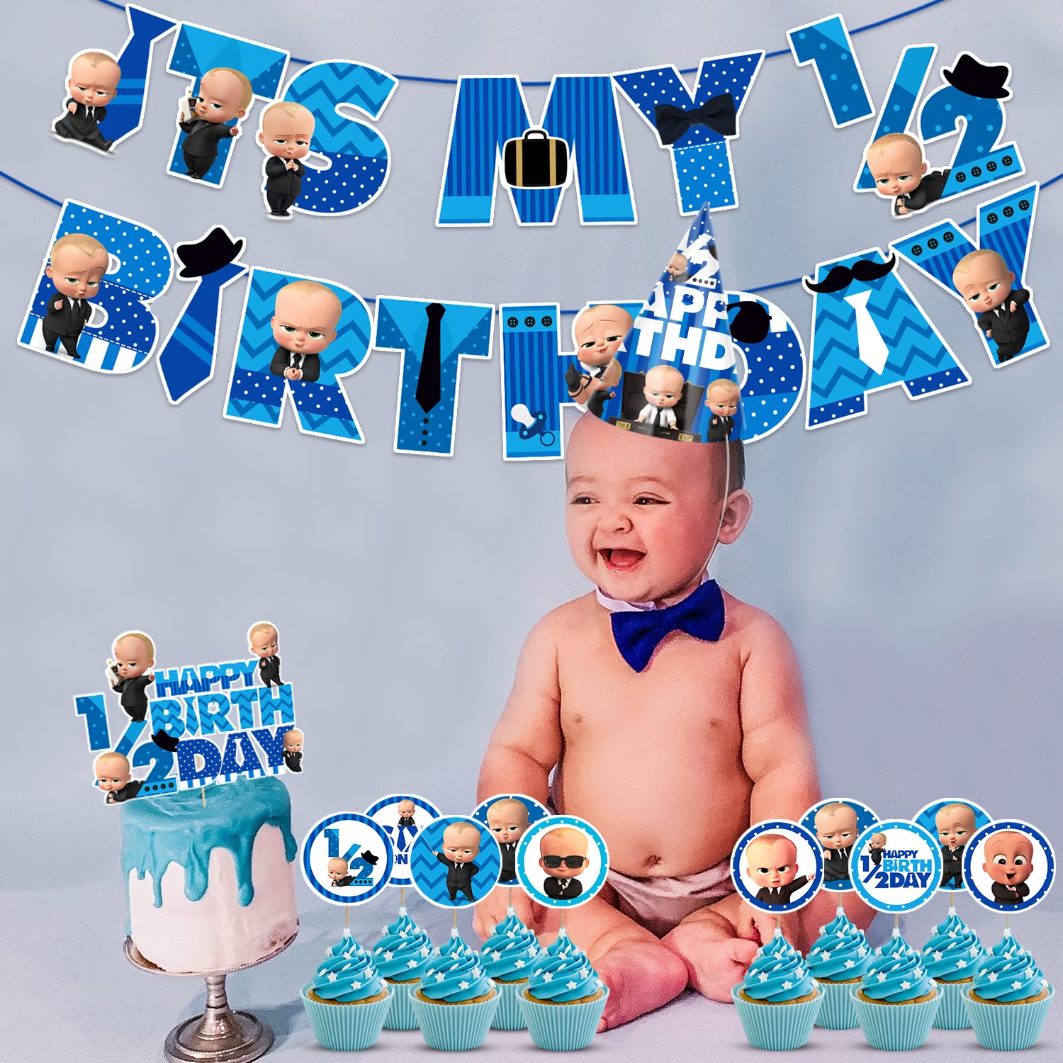 Zyozique Baby Boss Half Birthday Party Supplies, Boss Baby 1/2 Birthday Party Decorations for Boys with Its My Birthday Paper Banner Cake Topper Birthday Cap Cup Cake Topper(Pack of 28) 4