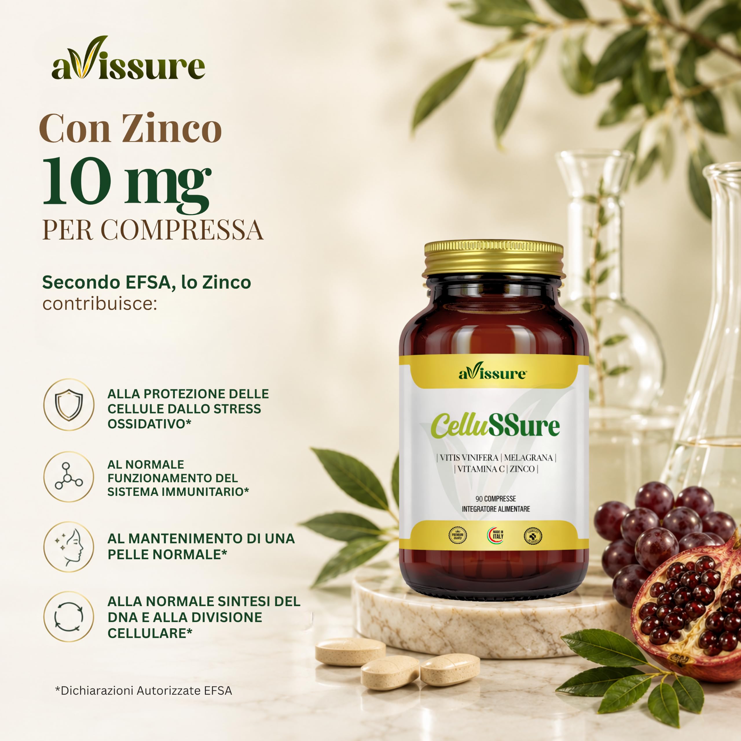 CelluSSure Integratore Alimentare 90 Compresse Vegan con Estratti Vegetali, Vitis Vinifera, Punica Granatum (Melagrana), Vitamina C Acido Ascorbico, Zinco Gluconato, 1 Compressa per 3 Mesi, avissure