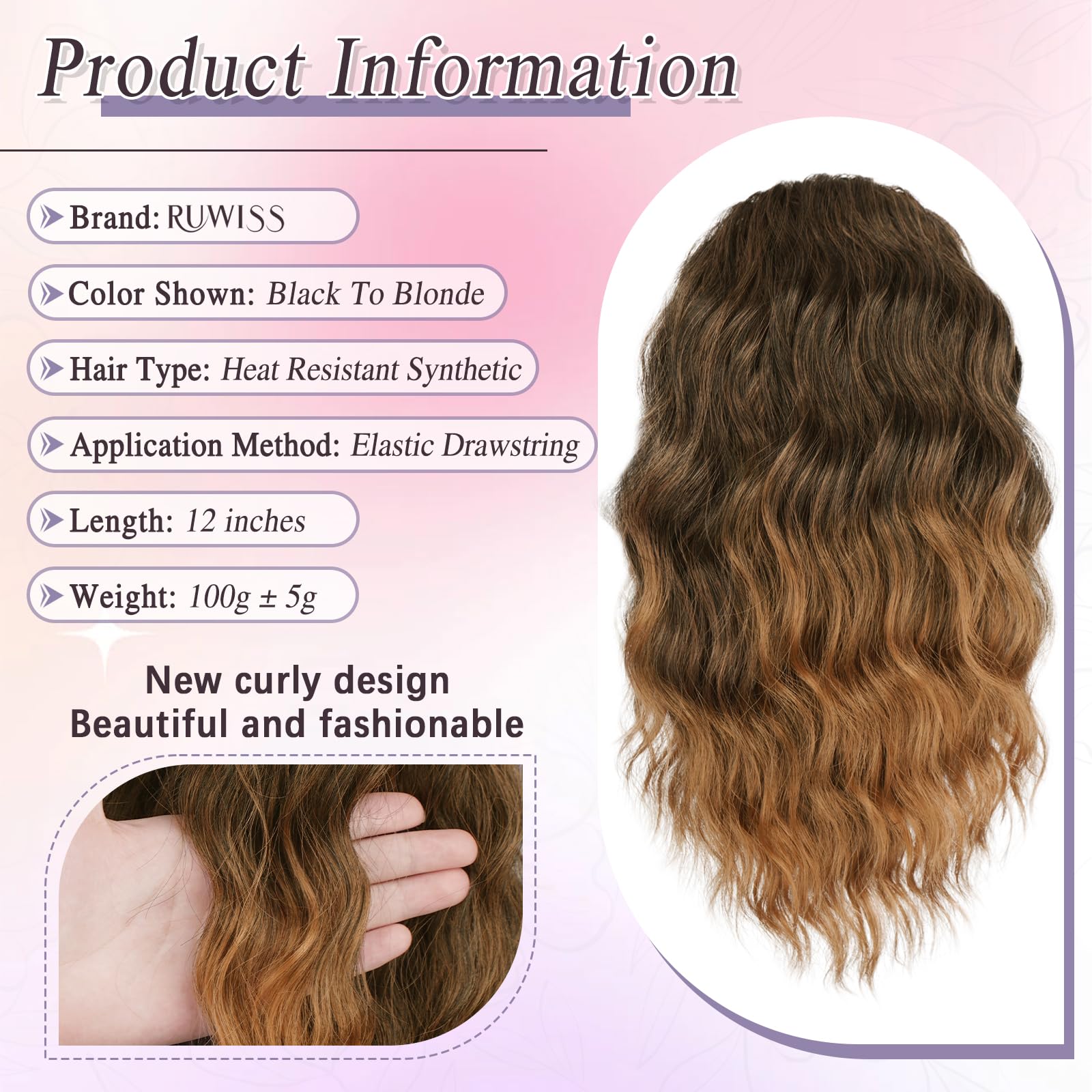 RUWISS Curly Drawstring Ponytail Extension for Black Women,12 inch Black Brown Afro Kinky Ponytail Synthetic Hairpiece for Daily Party Use - Image 2