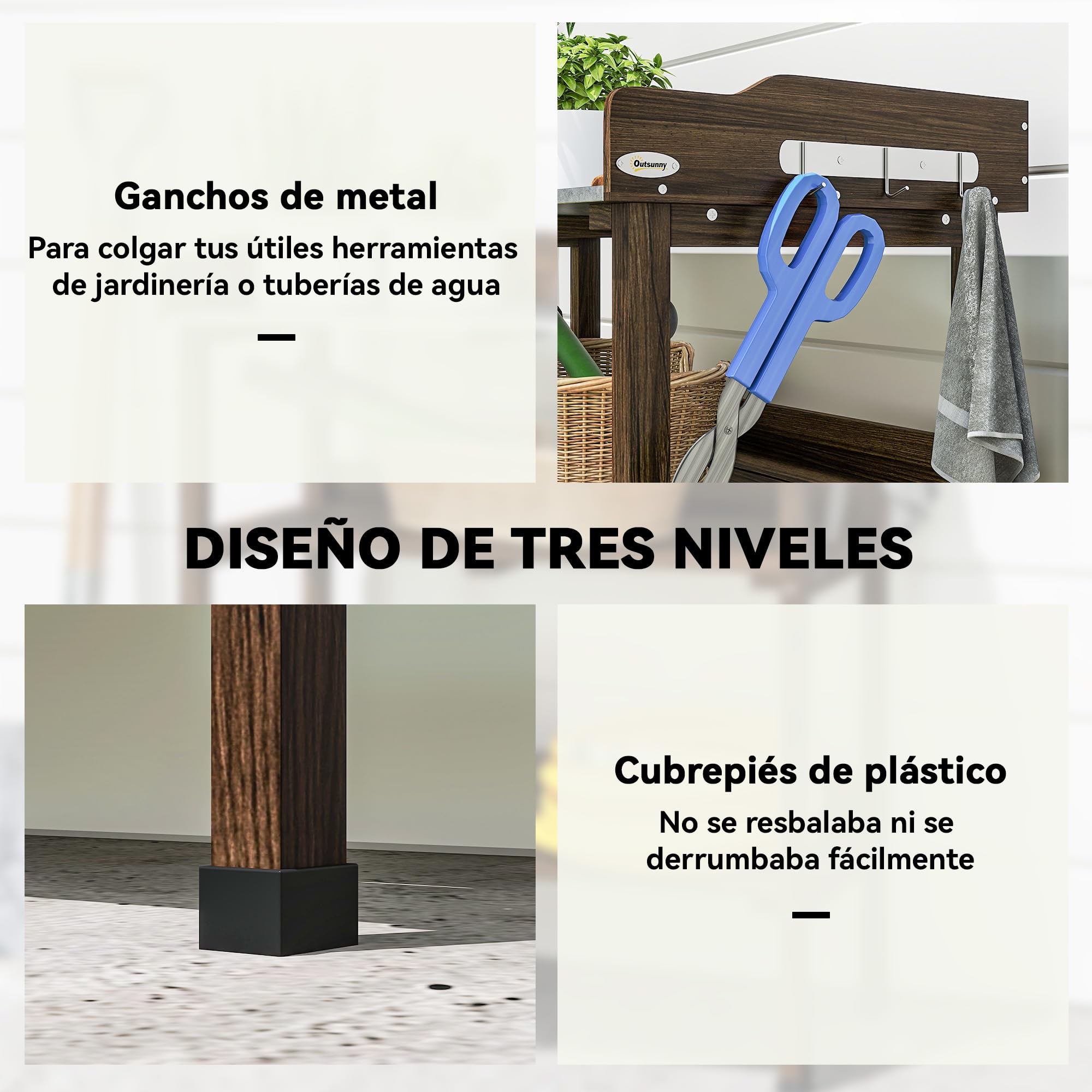 Outsunny Mesa de Plantación de Madera de 3 Niveles, Mesa de Jardinería con Placa Metálica, 2 Estantes y Ganchos, Resistente a la Intemperie, para Jardín, Terraza, Balcón, 76x37x89 cm, Carbonizado