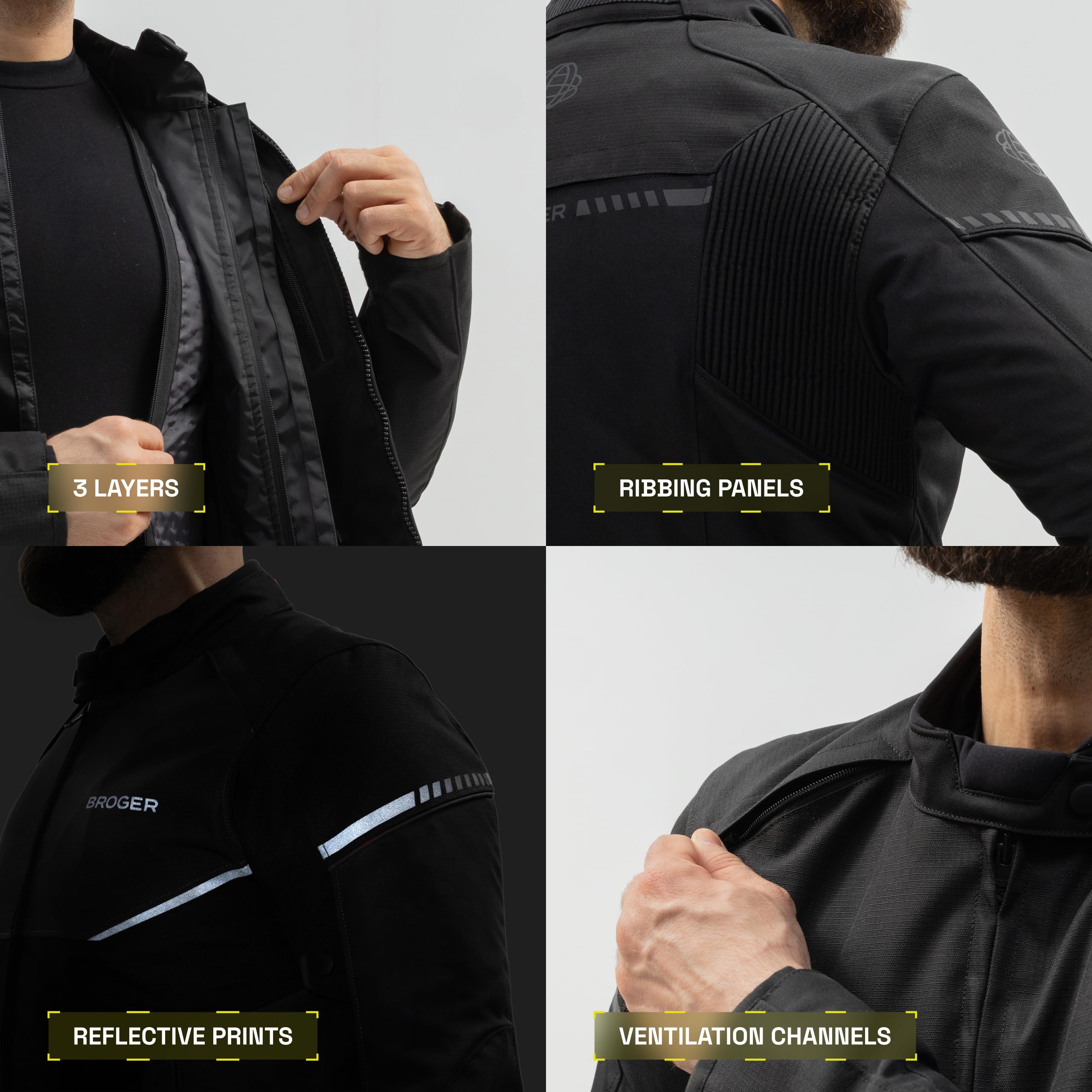 BROGER Grid Motorradjacke Herren | Textil | Ellbogen und Schulterprotektoren | Tasche für Rückenprotektor | Wasserdichte Membran | Abnehmbar Thermofutter | Schutzstufe AA | Größen bis 7XL