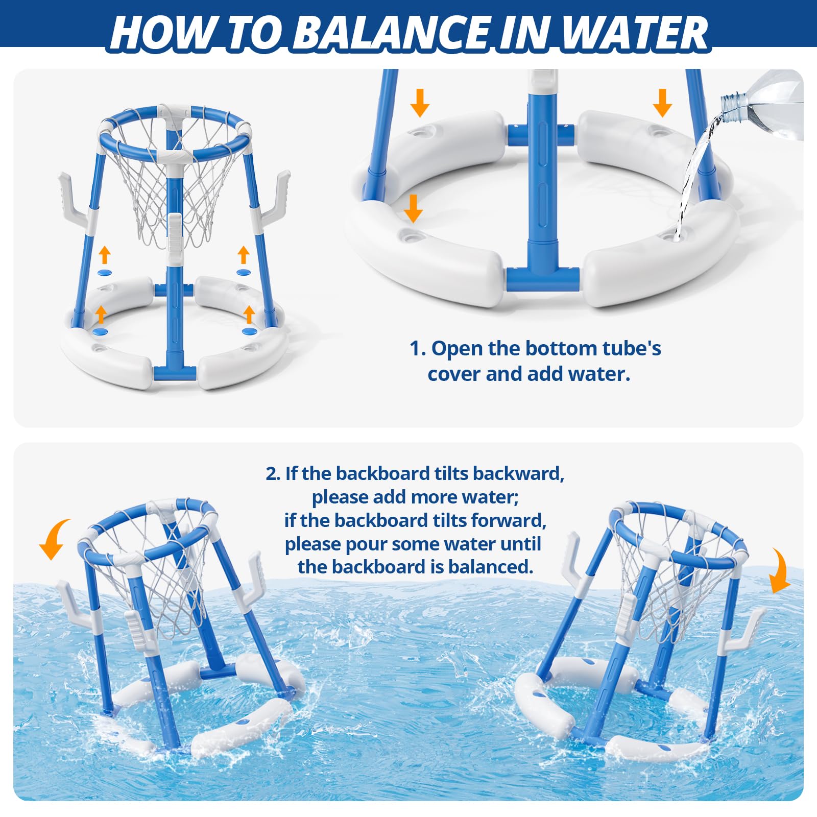 HYES Canasta de Baloncesto Piscina, Flotante Canasta Juguetes para Niños, Piscina de Baloncesto con 4 Bolas 8 Anillo, Juegos de Agua Interior y Exterior para Niños Adultos, Azul