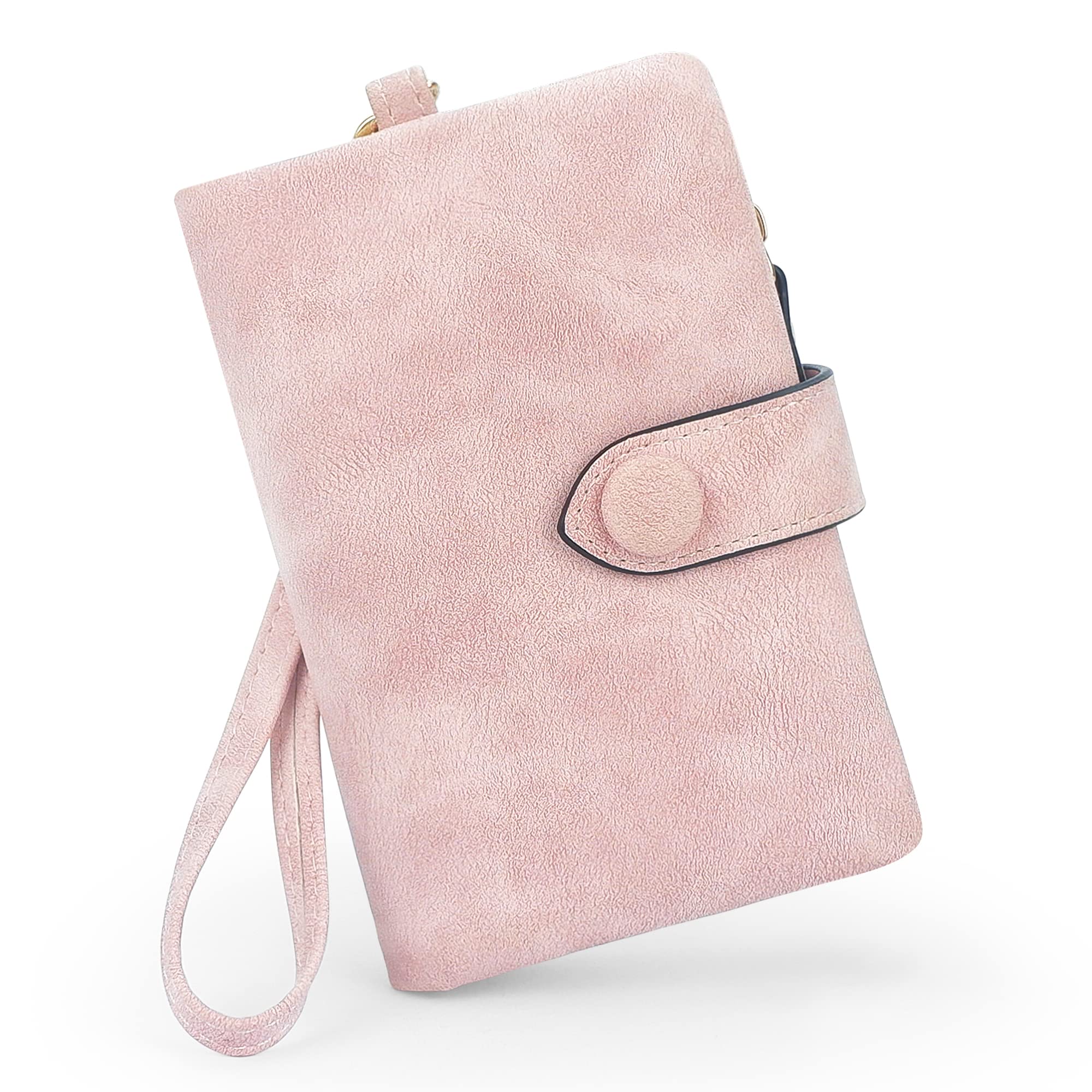SNCCJ RFID Blocking Wallets for Women, Large Capacity Soft Leather Womens Small Wallet with Wrist Strap (Pink)