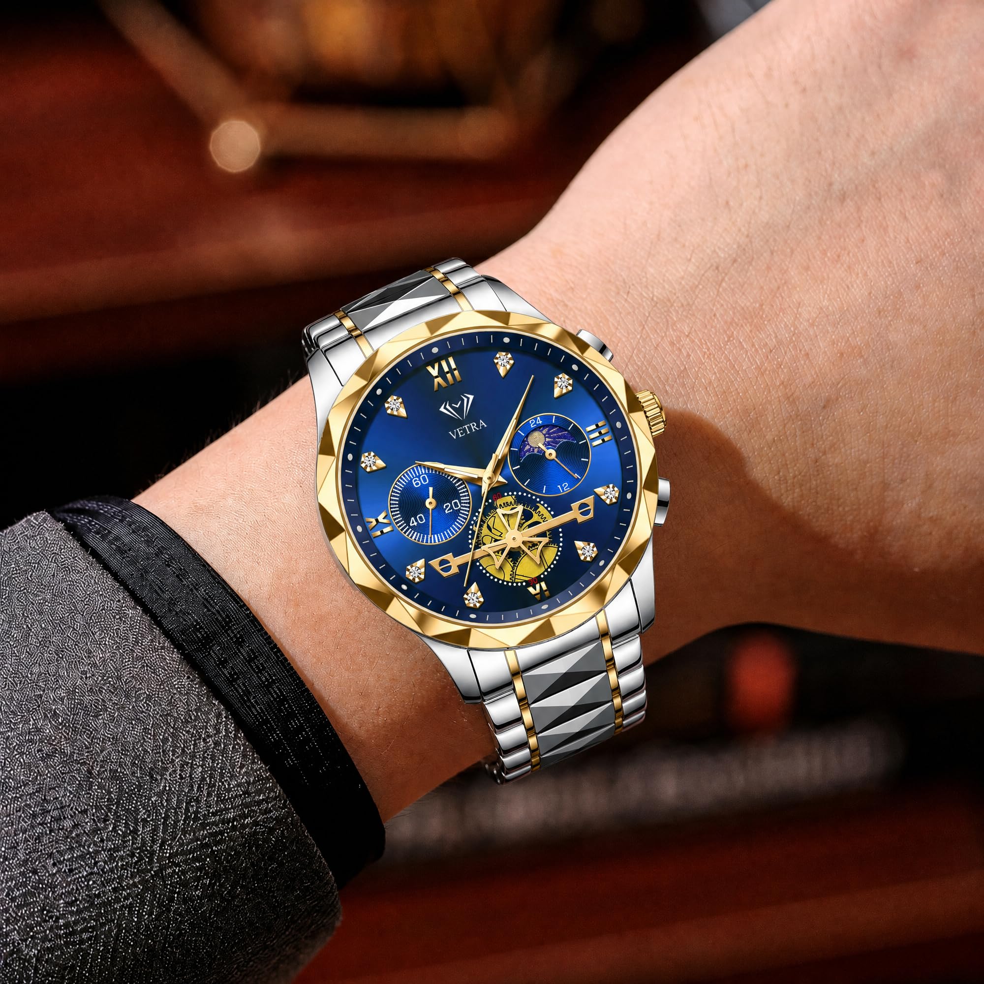 Vetra Relojes De Hombre Uhren für Herren, luxuriös, Business-Kleid, multifunktional, Mondphase, Edelstahlband, leuchtend, 30 m, wasserdicht, legere Armbanduhr, Geschenk für Herren