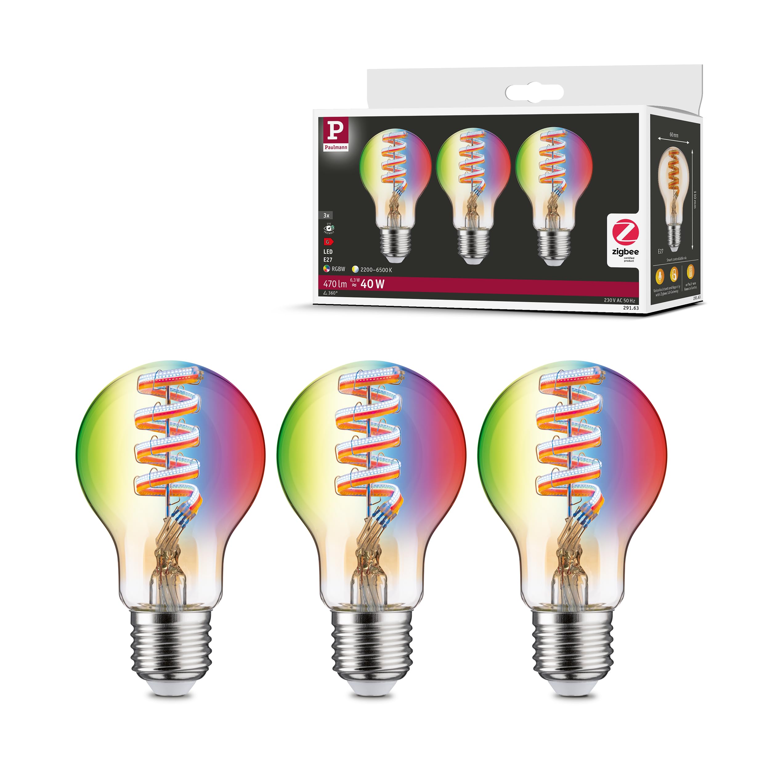 Paulmann 29163 Filament 230V Smart Home Zigbee LED Globe E27 3x470lm 3x6.3W RGBW+ dimmable Gold lamp