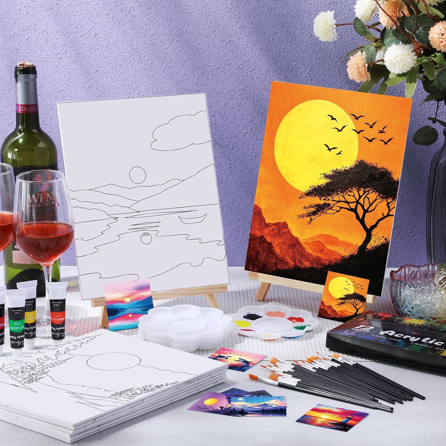 Sherr 12 Pcs Pre Drawn Canvas Pre Printed Canvas for Adults Sip and Paint Party Canvases Painting Kit for Summer Easter Mother's Day Party Favor(Beautiful View,8 x 10 Inch)