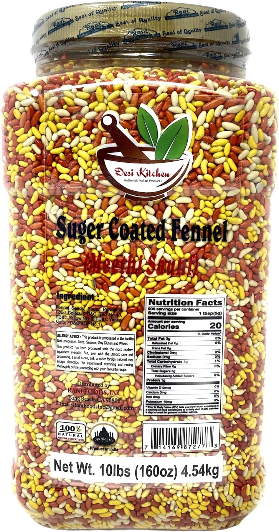 Desi Kitchen Sugar Coated Fennel Candy 10lbs (160oz) 4.54kg Bulk, PET Jar ~ Indian After Meal Digestive Treat (Best Mouth Freshener)
