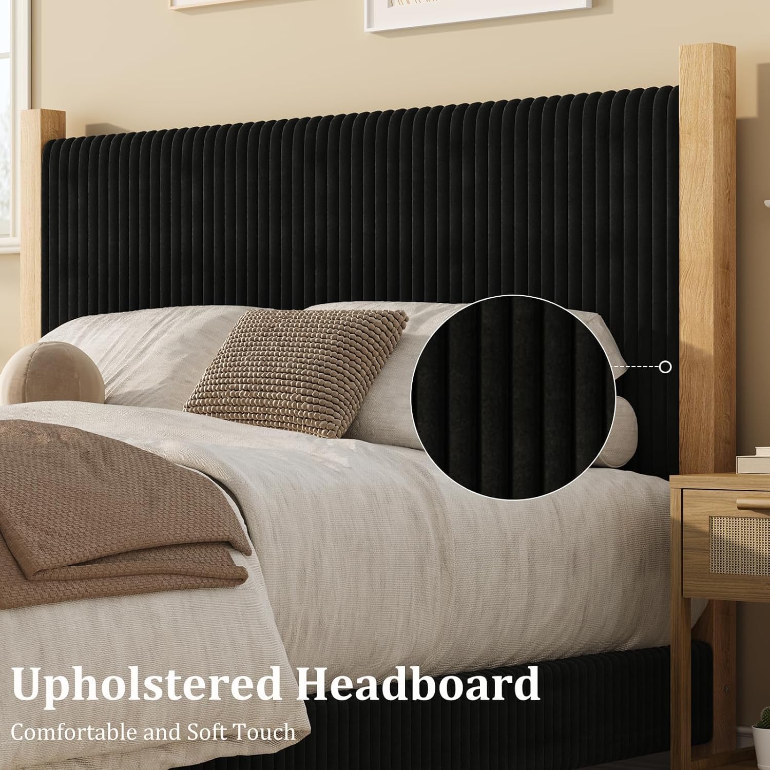 Queen Size Bed Frame with Headboard, Corduroy Upholstered Bed Frame Queen, Vertical Channel Desgin Headboard, Wood Legs, No Box Spring Needed, Strong Structure, Noise-Free, Easy Assembly, Black