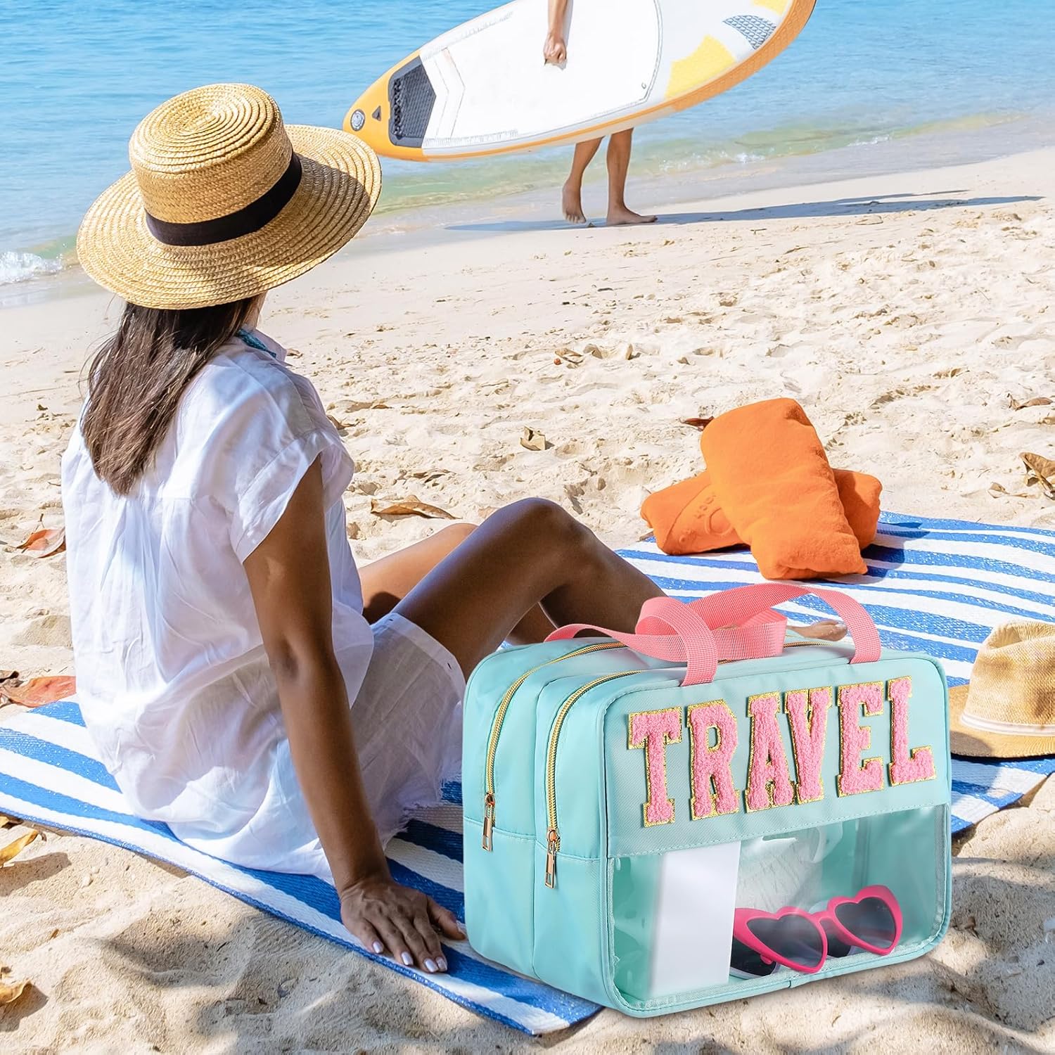 Pinkunn Large Travel Bag with Handle Double Zippered Chenille Letter Bag White Extra Large Clear Travel Pouch Waterproof Nylon Makeup Cosmetic Bag for Women Girls Toiletry Supplies - Image 6