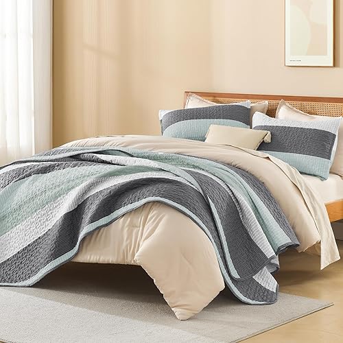 Miniatura 4 de Litanika Juego de edredón tamaño California King, color verde salvia, colcha y cubrecama a rayas de gran tamaño, acolchado suave y ligero para toda