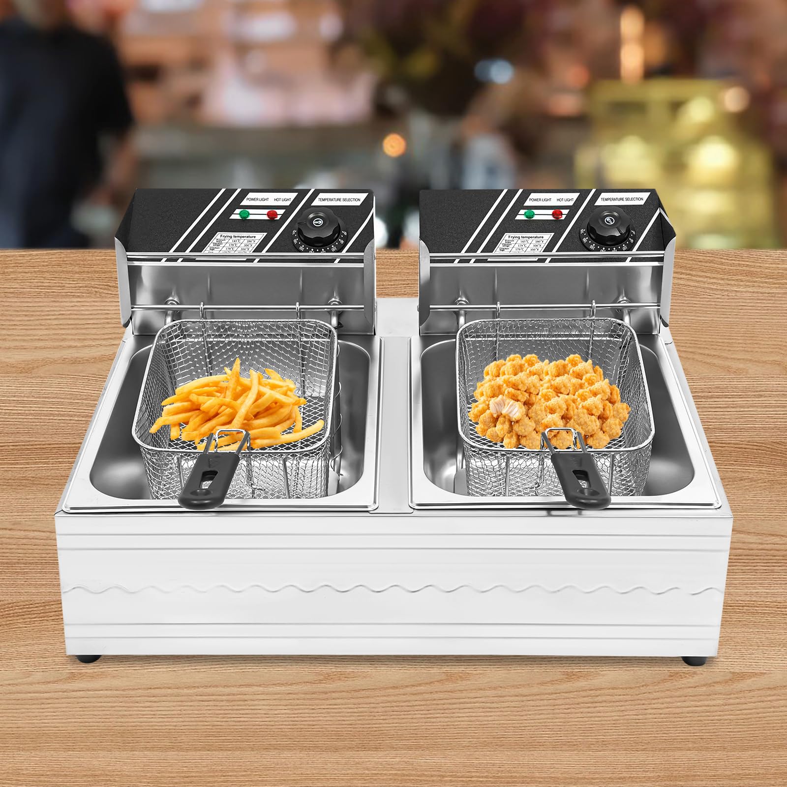 Friggitrice elettrica commerciale, profonda, friggitrice elettrica 2 x 2500 W, 12 l, doppia friggitrice in acciaio inox con grande capacità, per cucina, ristorante, caffetteria, bar, argento