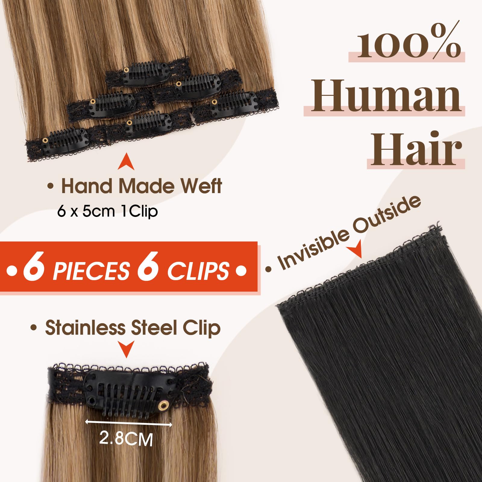 TESS Clip in Hair Extensions 100% Real Human Hair 6PCS 6Clips Straight Weft Multiple Uses Add Hair Volume and Highlights for Women UK - Image 2