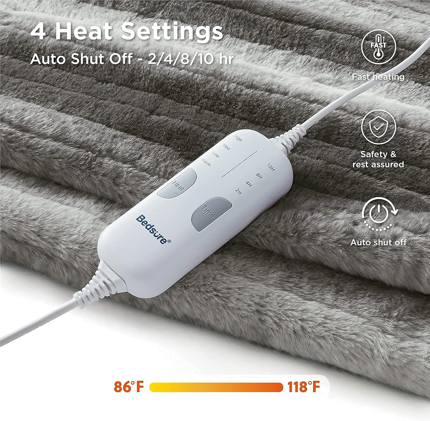Bedsure Heated Blanket Low Voltage - 50”×60“ Throw Size Faux Fur Electric Blanket, 4 Heating Levels & Auto Shut Off with 2/4/8/10 Hour, Embossed Plush Throw Blanket for Couch (Grey, 50”×60“) : Home & Kitchen