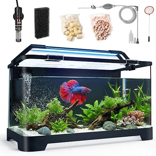 eWonLife 3.5 Gallon Self Cleaning Fish Tank, Aquarium Starter Kit for Betta, Small Fish & Shrimp, Betta Fish Tank with Heater, LED Light, Hidden Multi-Stage Filtration System and Water Changer Kit