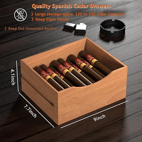 Miniatura 5 de Humidor acrílico, gabinete humidor de cigarros para 100 puros con higrómetro digital preciso, 3 cajones de humidor de cedro español, regalos
