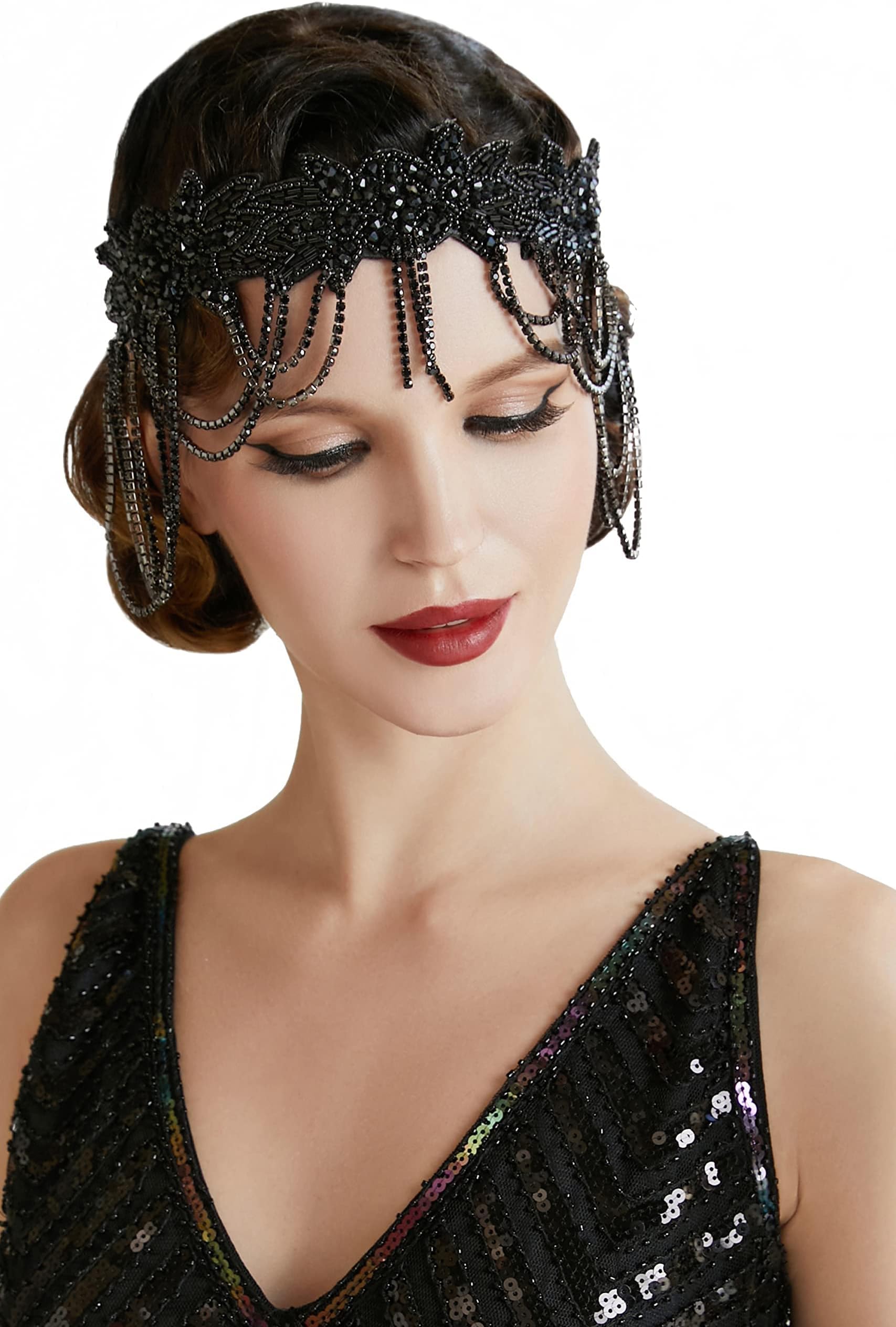 BABEYOND 1920s Flapper Headpiece Headband Great Gatsby Chain Headband for Women (Black)