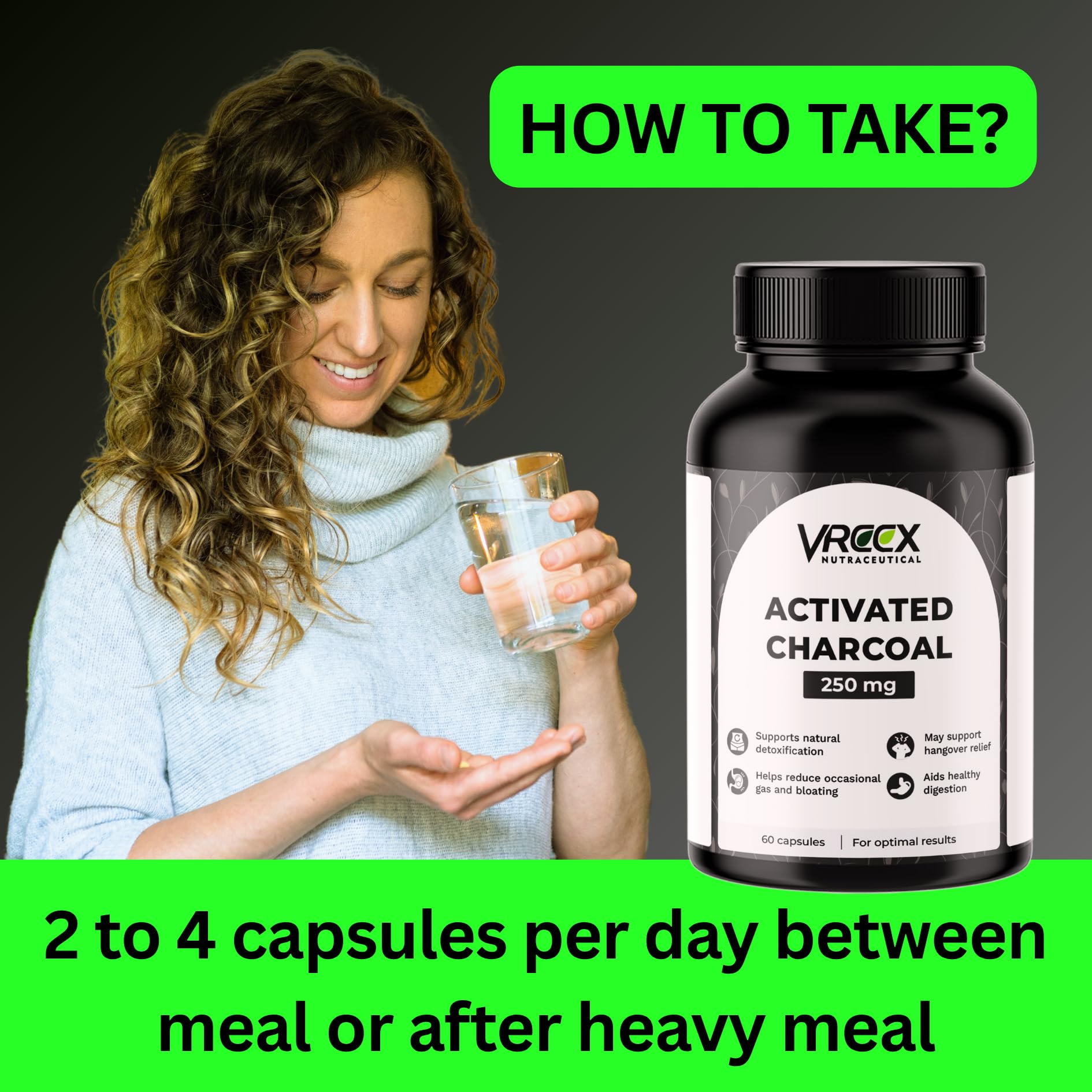 VREEX Activated Charcoal 250 mg – Supports Natural Detox, Helps Reduce Gas & Bloating and Digestive Cleanse (60 Veg Capsules) 3