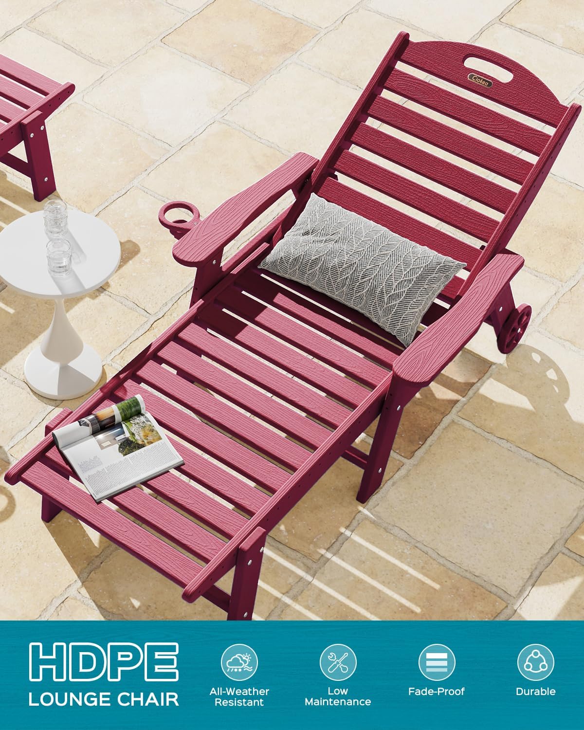 Chaise Lounge Chair Outdoor with Wheels, Adjustable 5-Position Chaise Lounge Outdoor with Wood Texture, Patio Lounge Chair for Poolside Backyard, Red