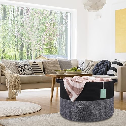 Miniatura 7 de Cesta de manta extra grande de 87 litros, cesta de lavandería, canasta de cuarto de bebé, canasta de lavandería, canasta de cuerda de algodón,