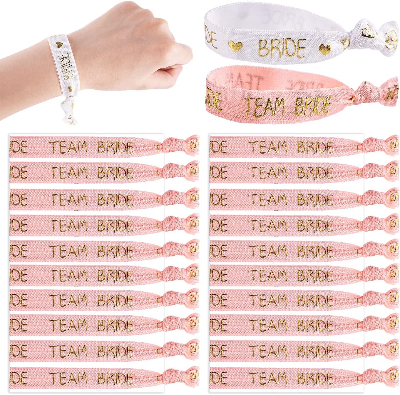 TERRIFI Hen Party Wristbands Set, 1 White Bride Wristband +20pcs Pink Team Bride Wristband, with Rose Gold Lettering, for Bachelorette Party, Wedding Bridal Shower Decorations, Bridal Shower