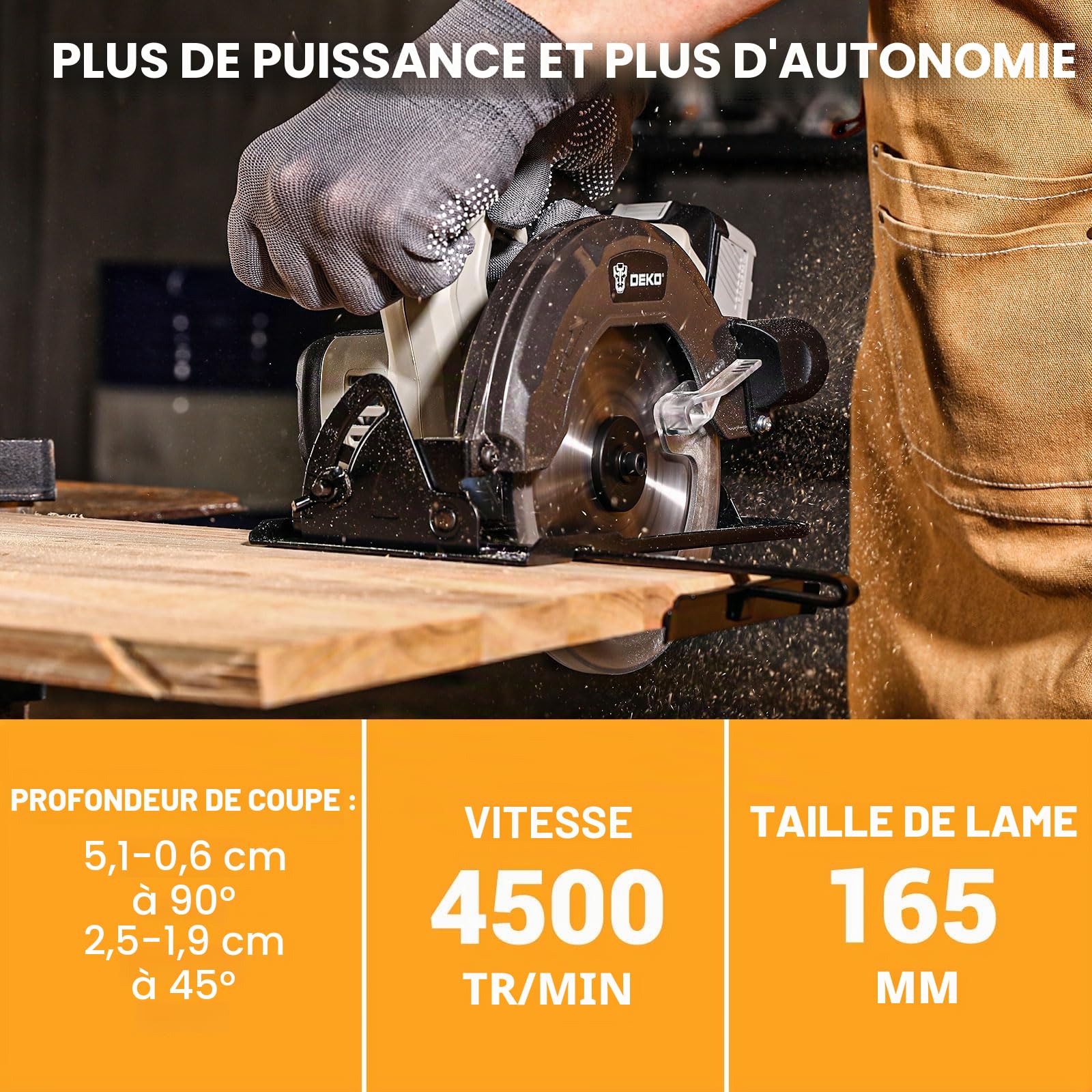 Scie Circulaire Sans Fil: DEKOPRO Scie Circulaires Haute Performance 4500 RPM avec 2x4000 mAh Batteries, 55mm à 90° / 33mm à 45°, Base en Acier avec Éclairage LED - Scie Plongeante pour Bois et Tubes
