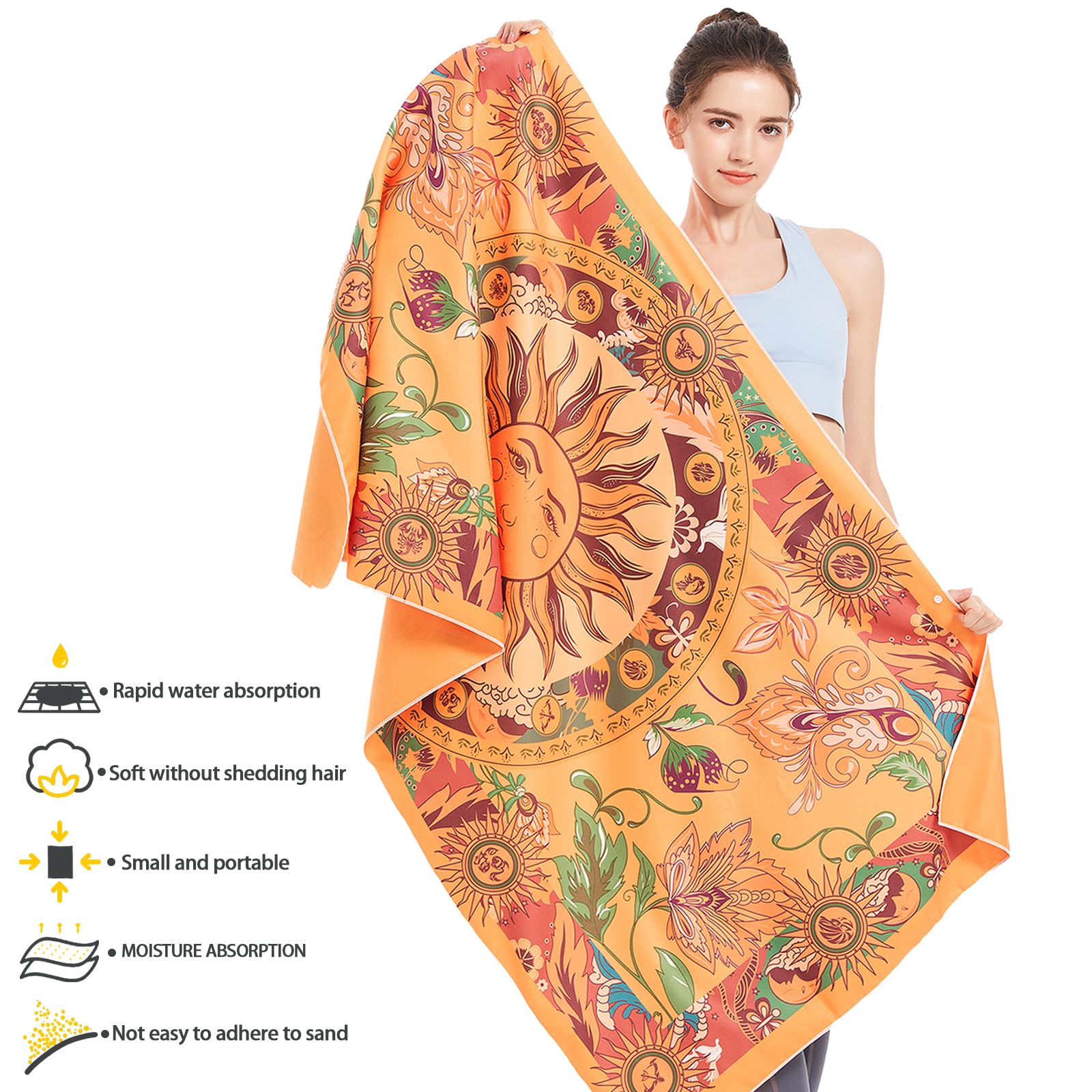 Boho Sun Mandala Microfiber Beach Towel - Quick Dry, Sand Free, Lightweight For Travel, Pool, Camping