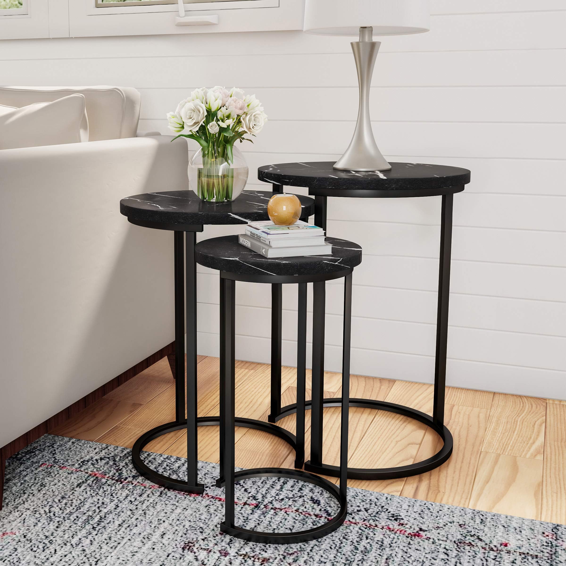 Nesting Tables - Set of 3 Round Side Tables for Living Room, Bedroom, or Home Office - Faux Marble End Table Set - Modern Living Room Furniture (Black)