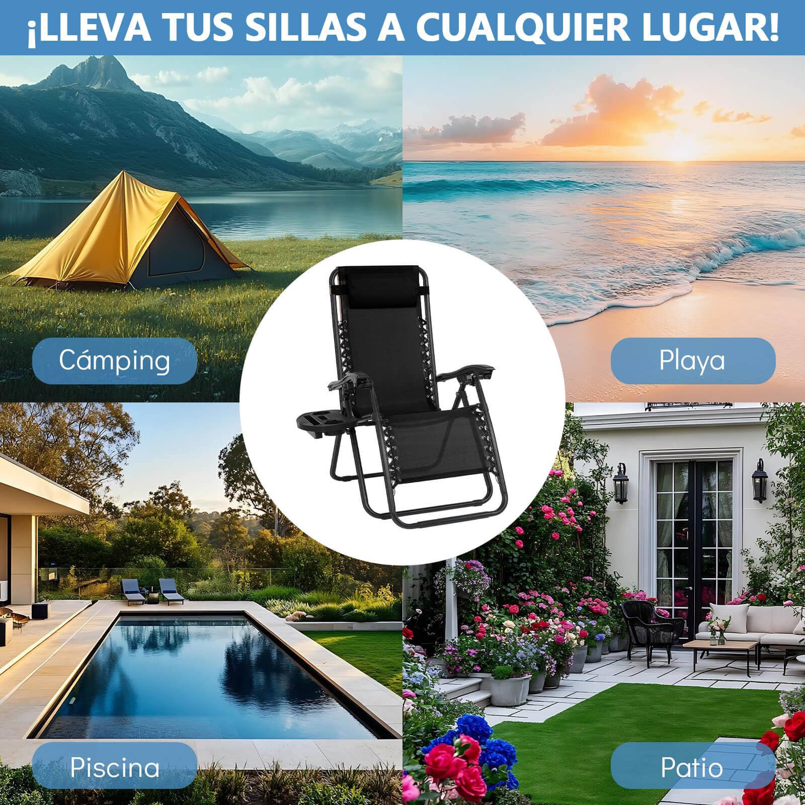 Tumbonas Plegables,Tumbonas Jardin Exterior Silla de Playas con Portavasos y Reposacabezas,Silla de Playa Ajustable para Jardín,Playa,Piscina,Terraza,Carga de 150 KG (Negro 1 Tumbonas)