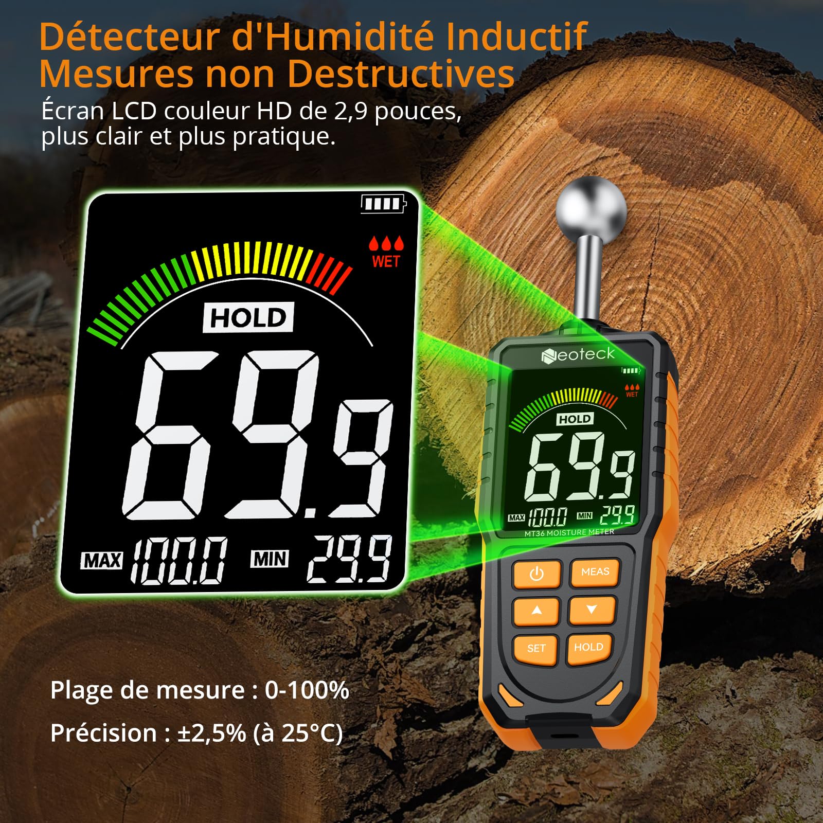 Neoteck Humidimètre Non Destructif USB Rechargeable Profondeur 5-40mm Détecteur Humidité avec Alarme Sonore pour Murs Bois Béton
