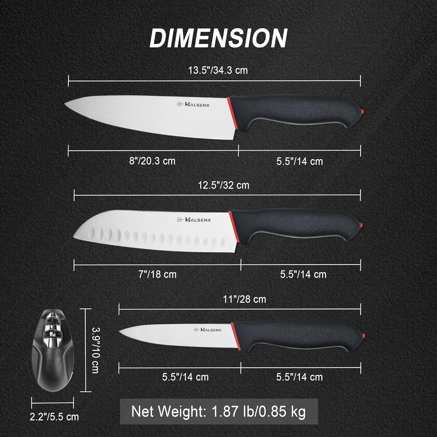 5-Piece Professional Kitchen Knife Set - 8" Chef, 7" Santoku, 5.5" Utility Knives, In-Drawer Knife Storage & Sharpener - Non-Slip Softgrip Handle for Home Kitchen
