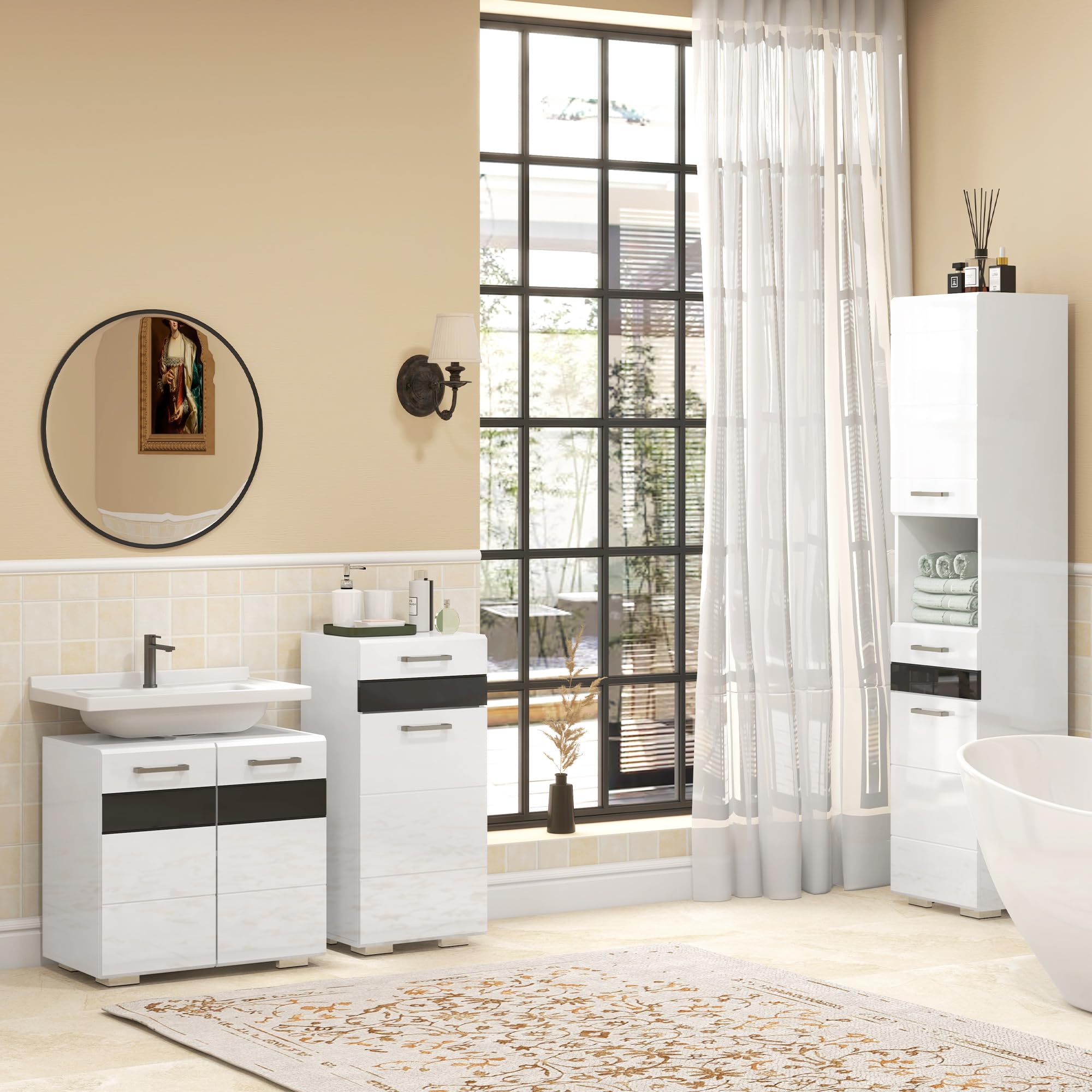 kleankin Colonna Bagno Salvaspzio in MDF, 37x32.5x170 cm Bianco Lucido | Mobile da Bagno, Ripiano Aperto, Cassetto, Armadietto Chiuso