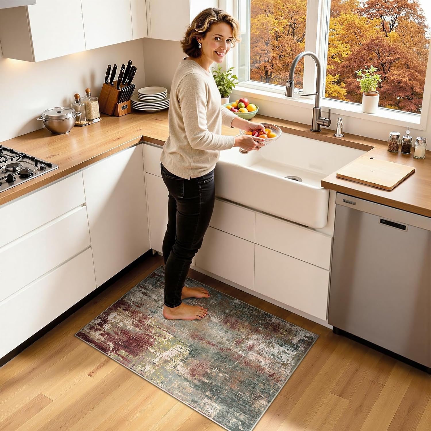 RELEANY Washable Area Rugs 2'x3' Non-Slip Modern Abstract Soft for Living Room Entryway Bedroom Nursery, Print Pattern, Brown Rust Red Green Blue Multi Rust Red/Green/Blue/Multi 2' x 3' (Rectangular)