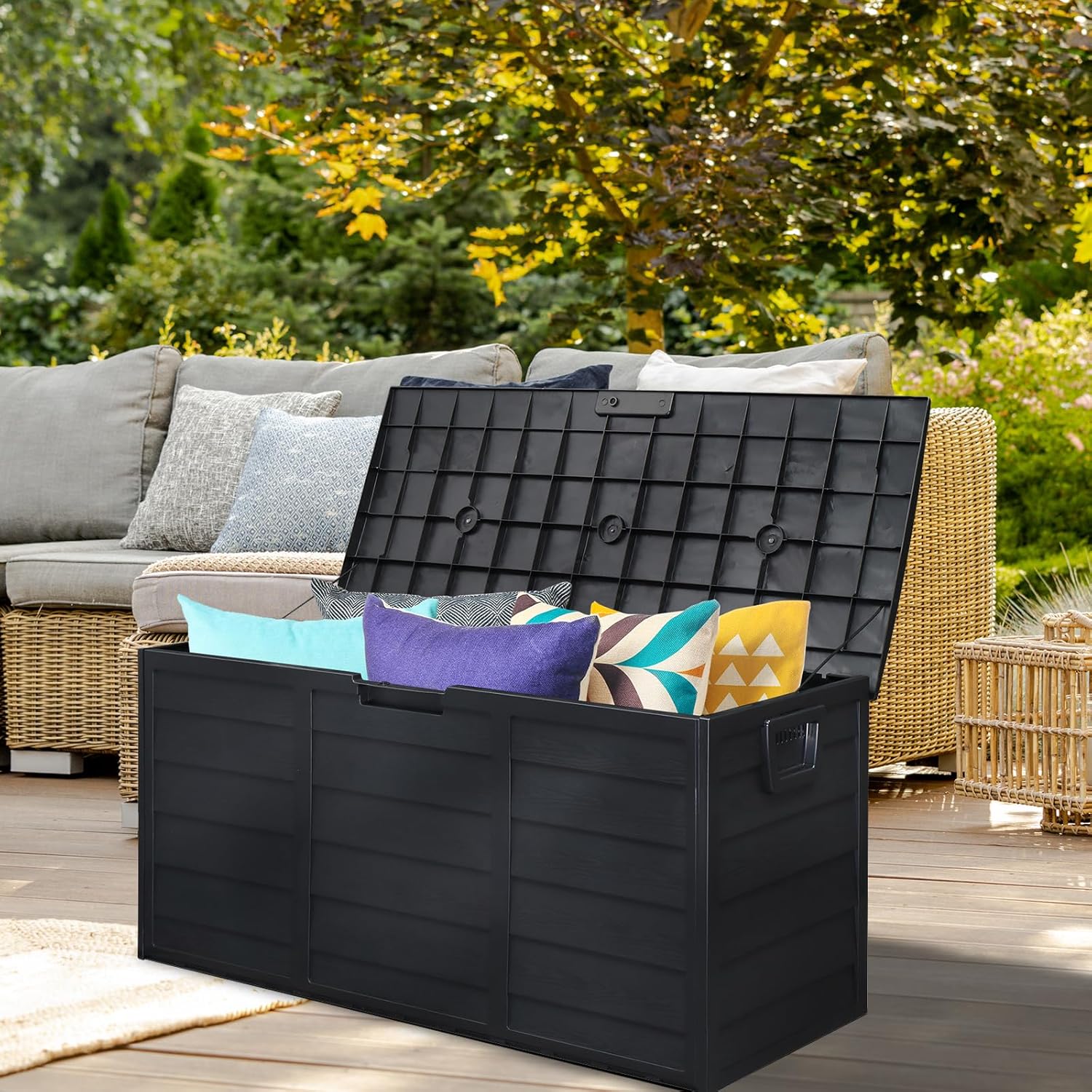 75 Gallon Resin Deck Box,Outdoor Large Resin Deck Box,Lockable Container for Patio Furniture Cushions Garden Tools (Black)