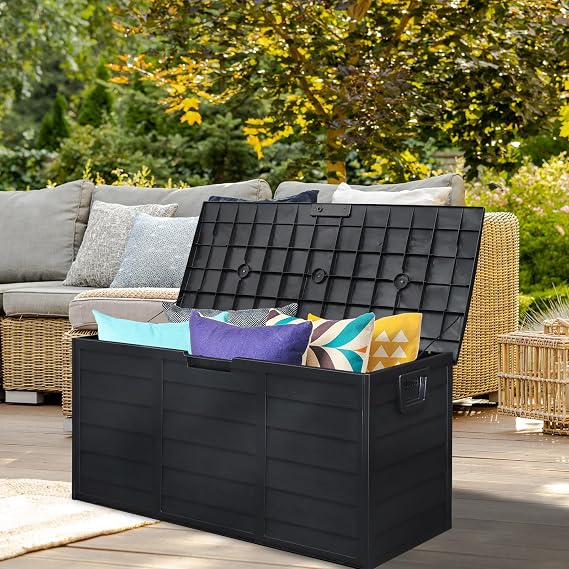 Deck Box, 75 Gallon Waterproof Resin Outdoor Storage Box, Black