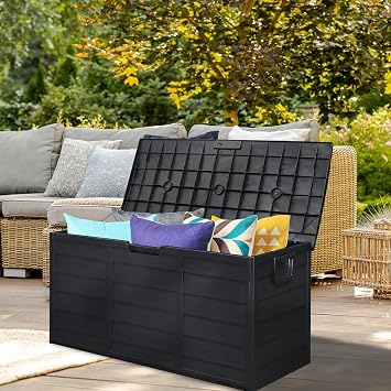 Deck Box, 75 Gallon Waterproof Resin Outdoor Storage Box, Black