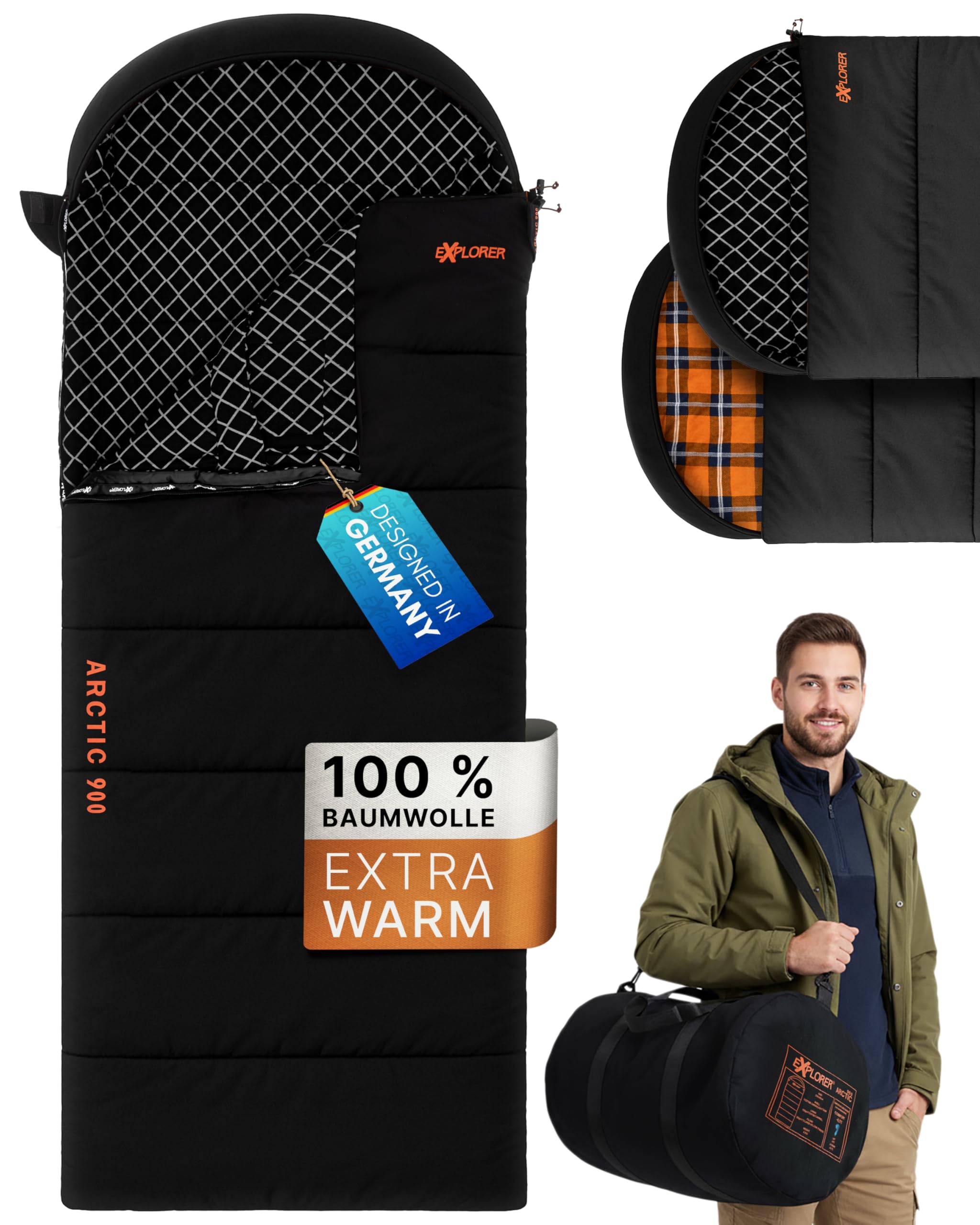 EXPLORER Arctic XXL Deckenschlafsack Winter -24°C Extrem – Camping Schlafsack aus 100% Baumwolle & Flanell – Koppelbar & Wasserabweisend – 90/110/140 cm (Grau/Schwarz, 90cm) Sport & Freizeit