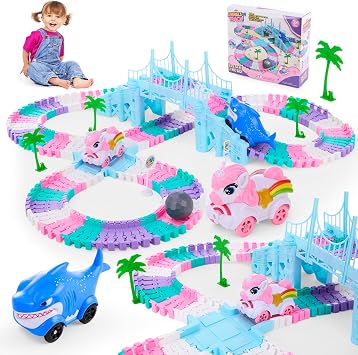 220PCS Princess Flexible Track Toy Set, Pink/Purple Race Track with 2 Cars, Castle & Play Accessories, Building Playset for Girls 3-6, Christmas Birthday Gift (unicorn)