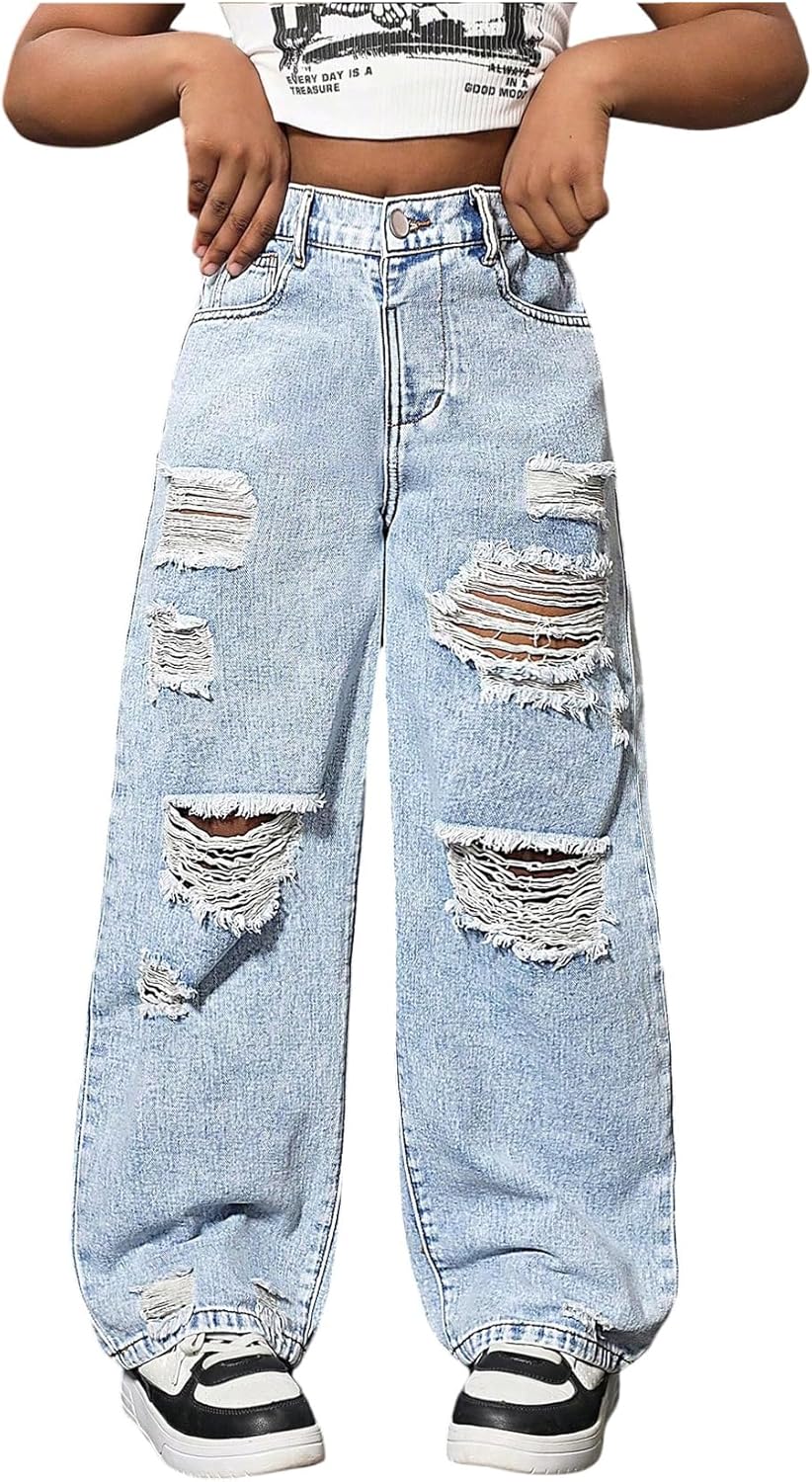 OYOANGLE Girl's High Rise Streetwear Ripped Baggy Jeans Wide Leg Casual Distressed Denim Pants