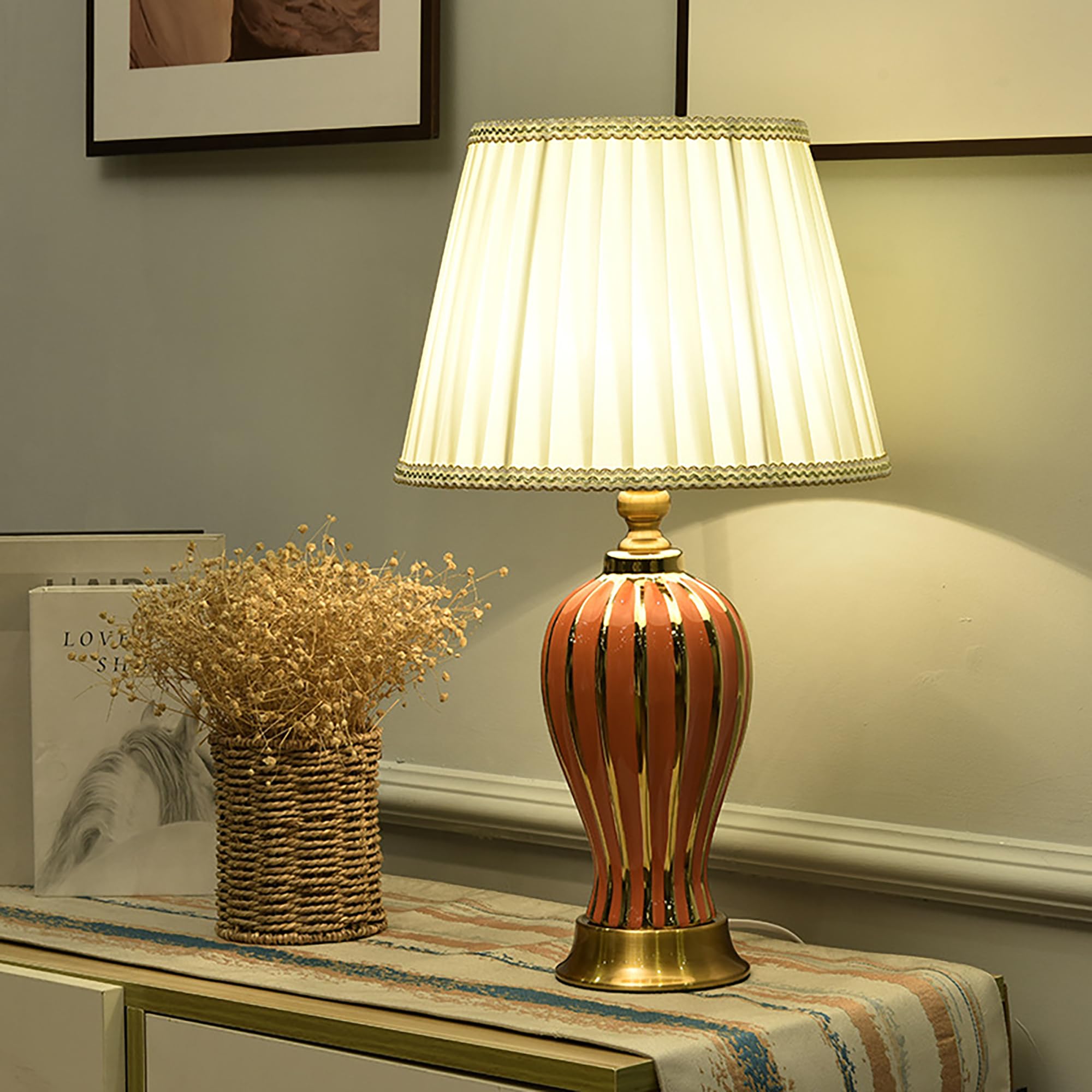 XINYASEE Lampe de table en céramique simple, lampe de chevet rétro avec abat-jour en tissu,Lampe de bureau, llampe à poser pour la chambre à coucher et le salon E27 Tête (Rouge)