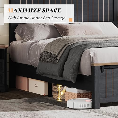 Miniatura 5 de AMERLIFE Marco de cama tamaño Queen con puerta corrediza de granero, marco de cama de plataforma rústica de madera con cabecera de 47 pulgadas de