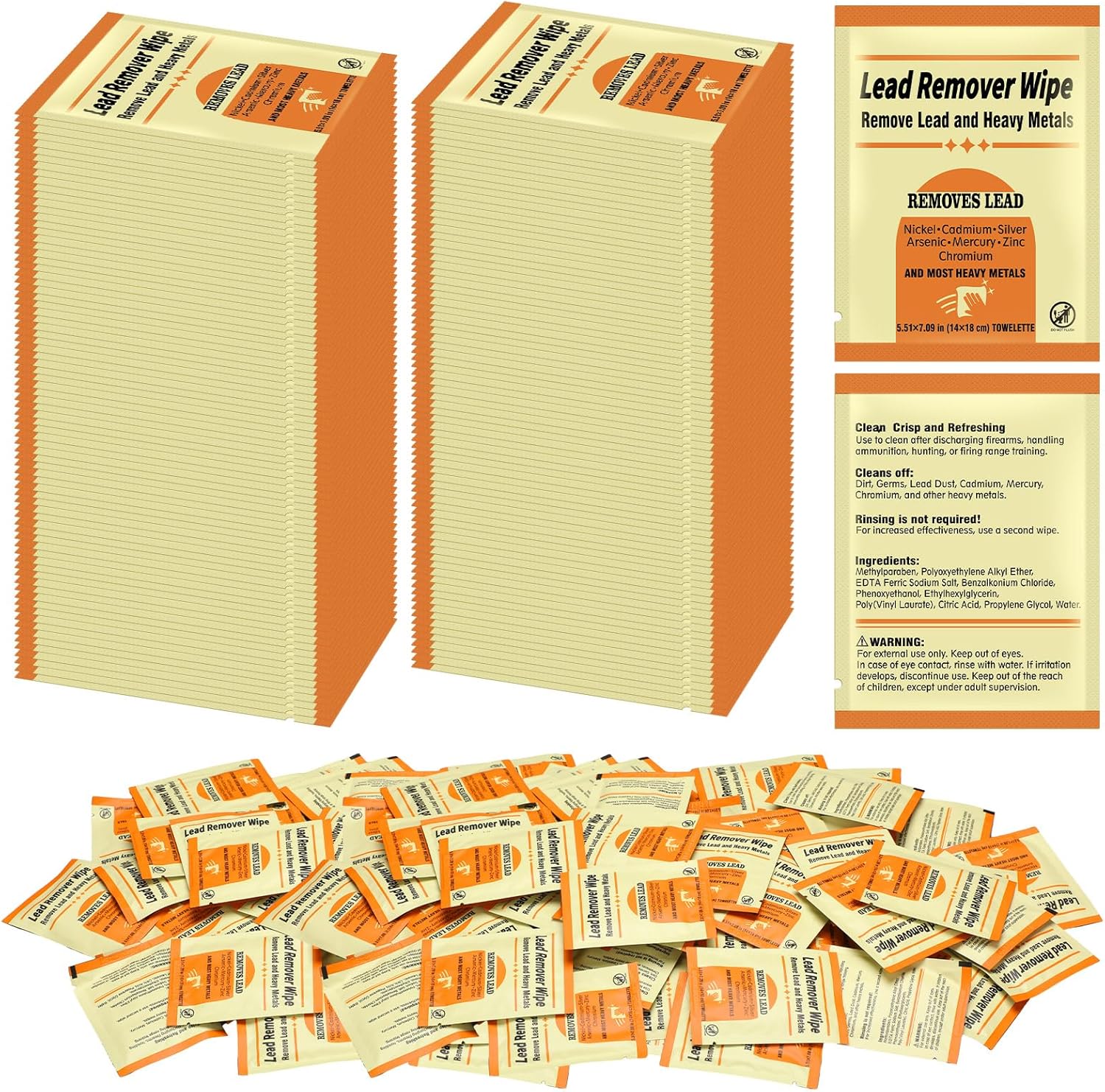 200 Pack Lead Remover Wipes for Shooting Hand&Surface Cleaning Wipes Effectively Removes Lead, Dust, Oil&Grime Individually Wrapped Wipe for Shooting Ranges, Hunting, Industrial Use (Orange)