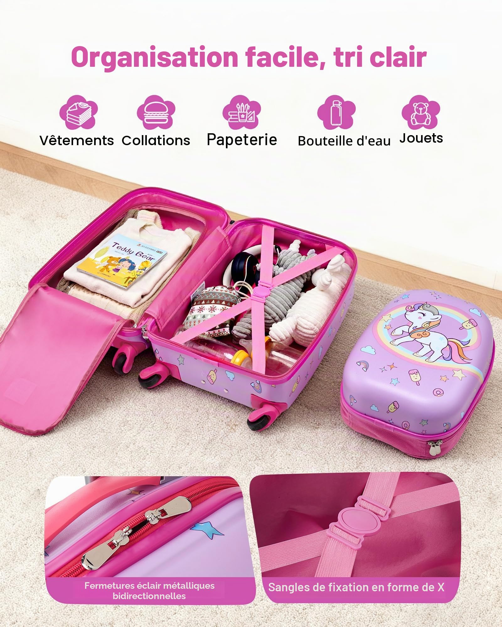 VEVOR Valise Enfant 32x23x45 cm Bagage Enfant 2 PCS avec Valise Cabine à roulettes Pivotantes pour Enfants Fille Garçon et Sac à Dos Coque Rigide Motif Licorne, Approuvée par Compagnies Aériennes