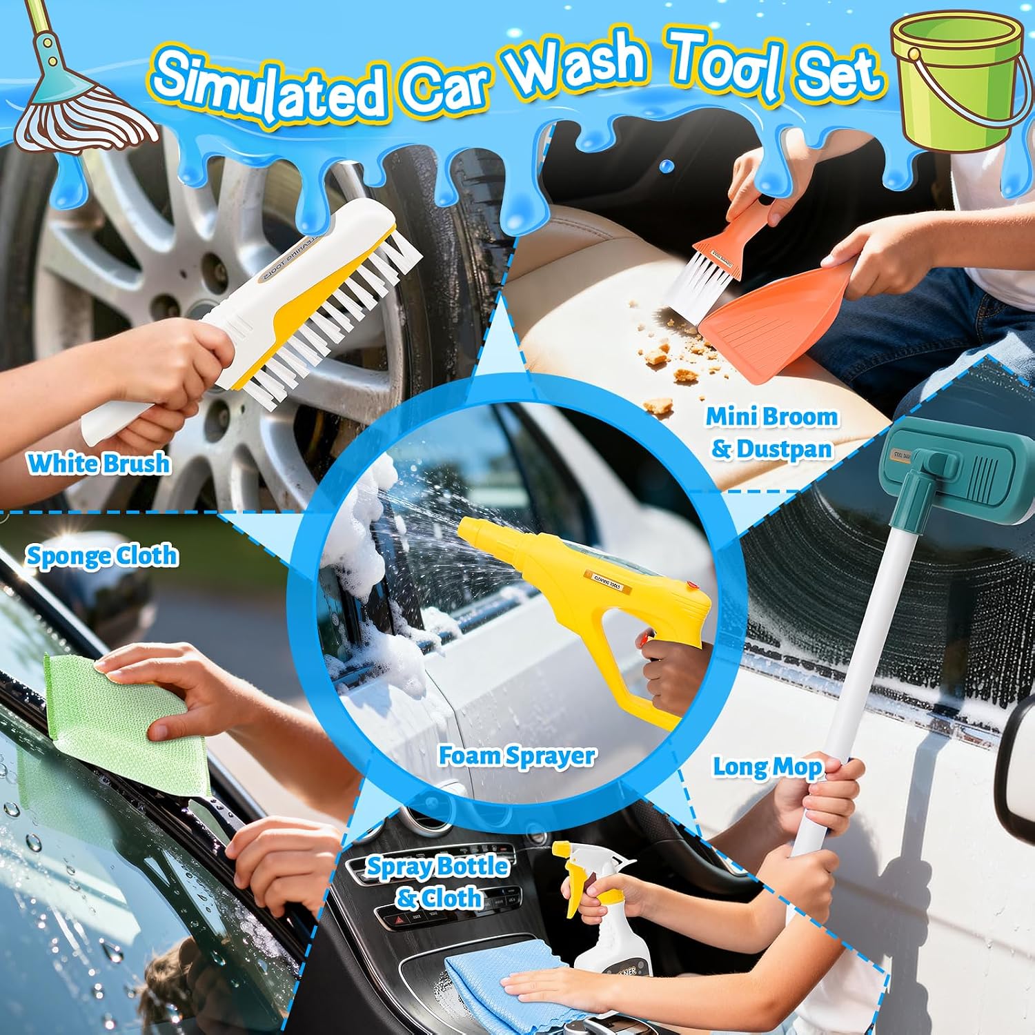 deAO Kids Cleaning Toy Set Car Wash Toys Includes Brush,Bucket,Caution Sign,Spray Bottle,Toddler Cleaning Sets for Girls Boys Toddler Christmas Birthday Pretend Play Gift