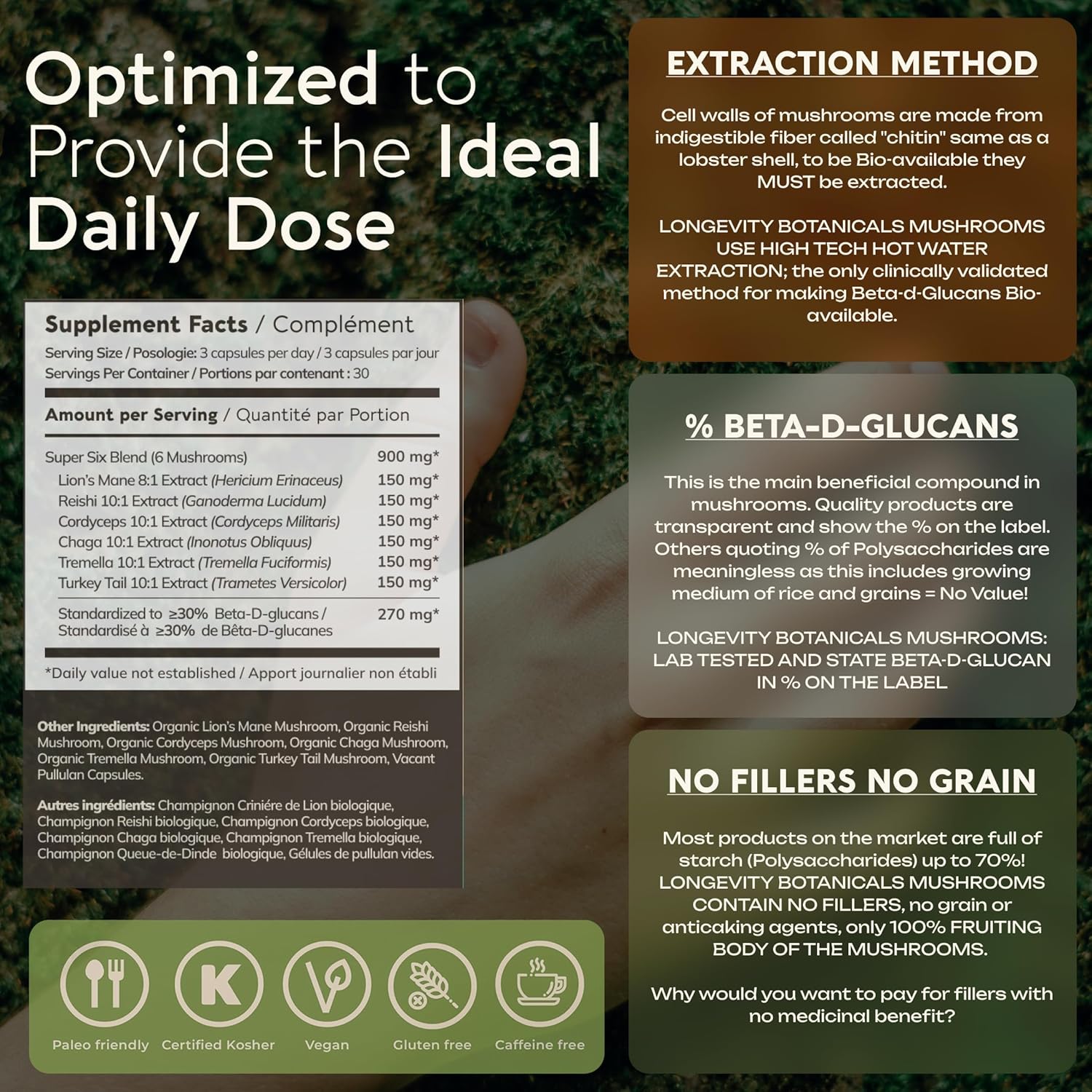 Organic Super Six Mushroom Capsules Supplement Extract 90ct | Lion's Mane, Reishi, Cordyceps, Turkey Tail, Chaga & Tremella Full-Spectrum Complex | Fruiting Body | ≥30% Beta-D-Glucans | Daily Wellness