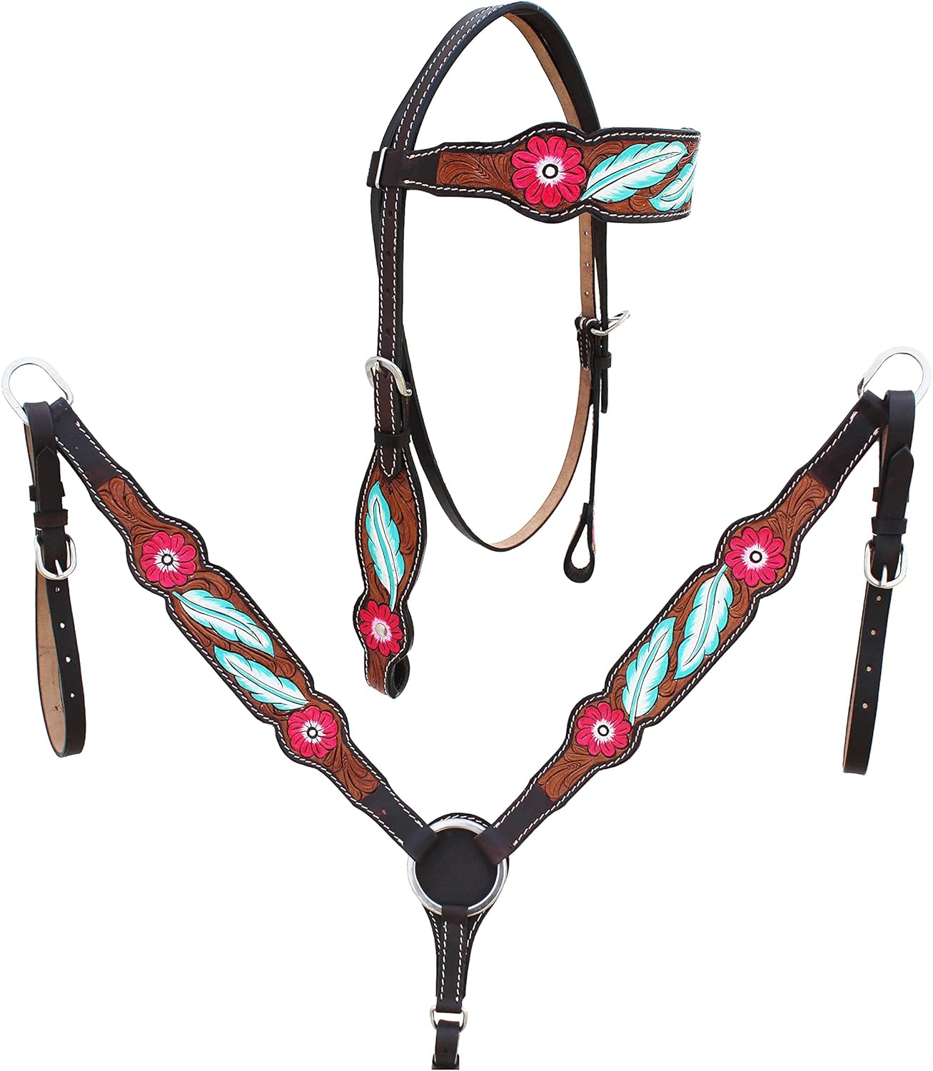 Western Headstall Breast Collar Reins Set Leather Hand Carved Tooled Equestrian Trail Horse Saddle Tack Set Full Cob Pony ST-HTS-033 (Full)