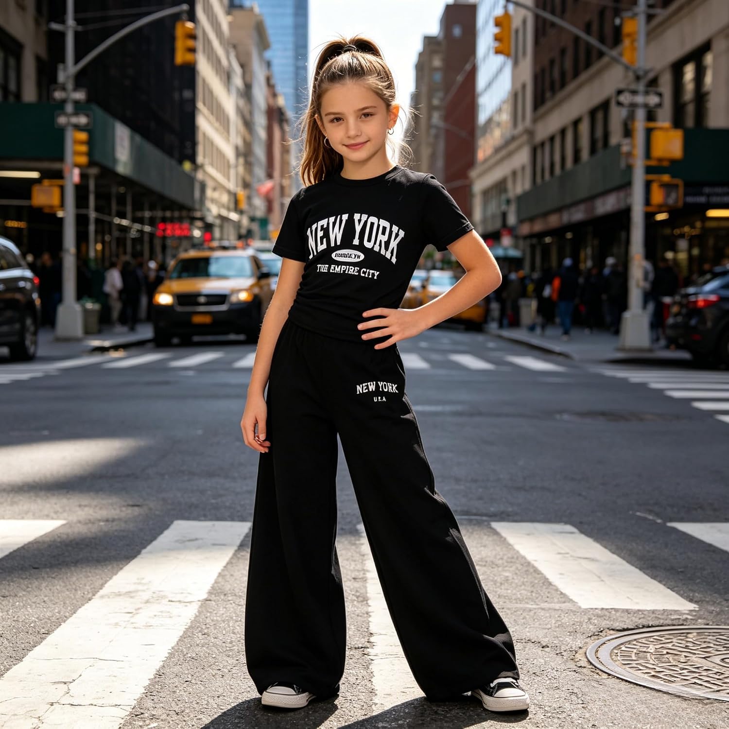 Axumity Teen Girls 2 Piece Clothes Short Sleeve Letter Print T-Shirt Top + Wide Pants 2pcs Outfit Set, Size 7-16 Years