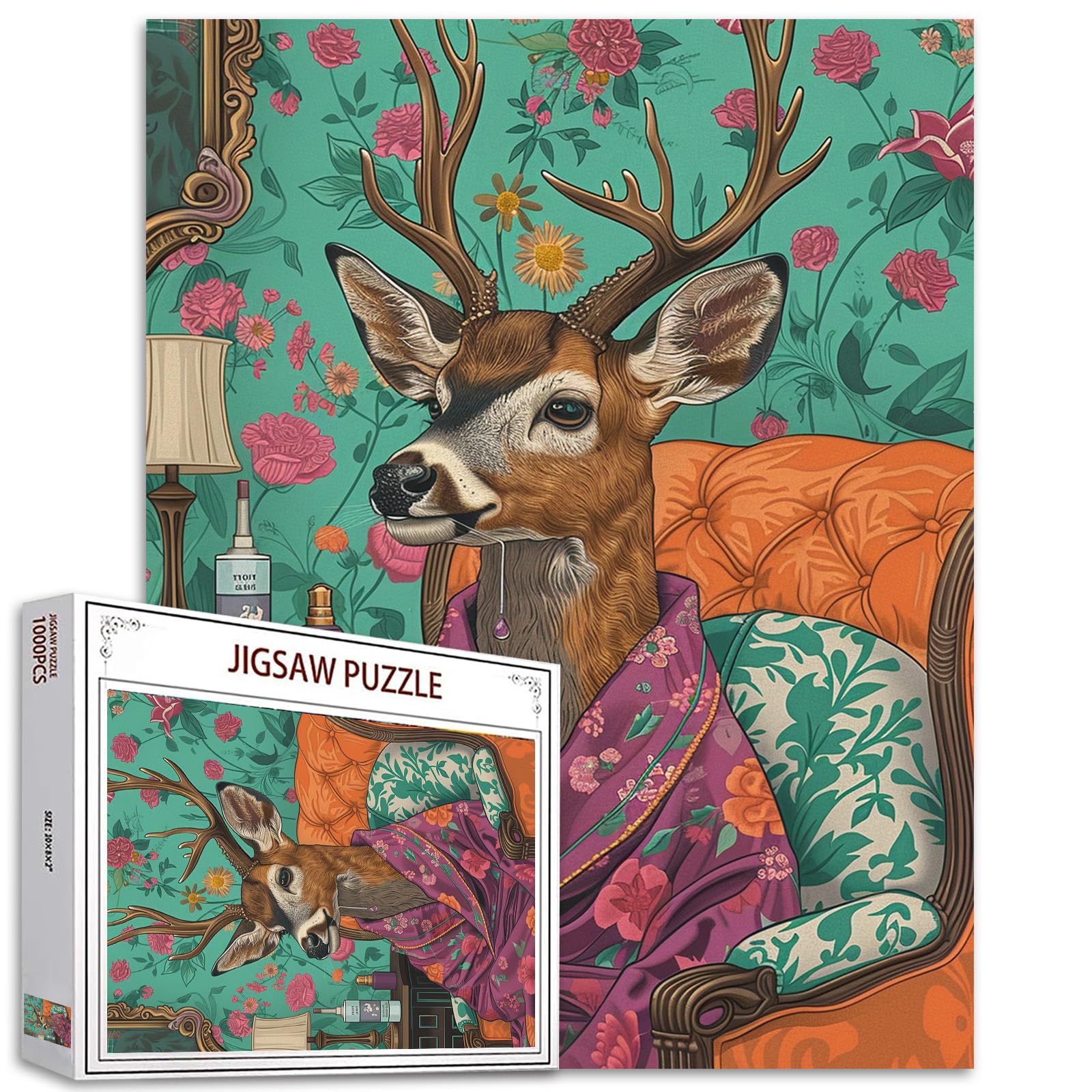 Deer in Clothes Sitting on the Couch 1000-Piece Jigsaw Puzzle, Jungle Animal Flower Art for Home Decor, Family Game Nights, Great Gift