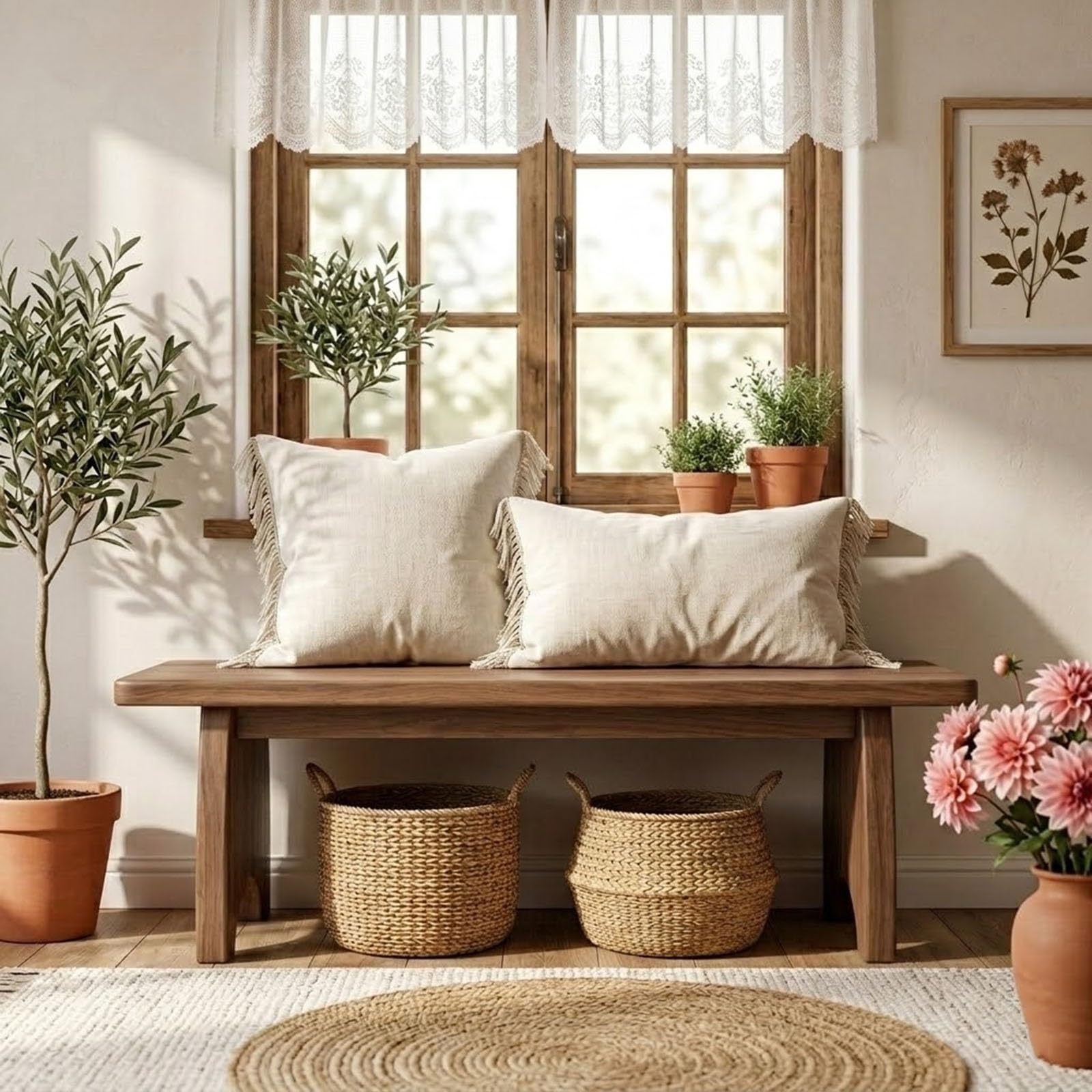 Wnanch Entryway Bench, 60 80 90 100 120 150 cm Natural Solid Wood Bench, Rustic Shoe Bench for Hallway, Mudroom, Indoor Outdoor Plant Stand, Flower Pot Display Rack, Garden Bench Seat