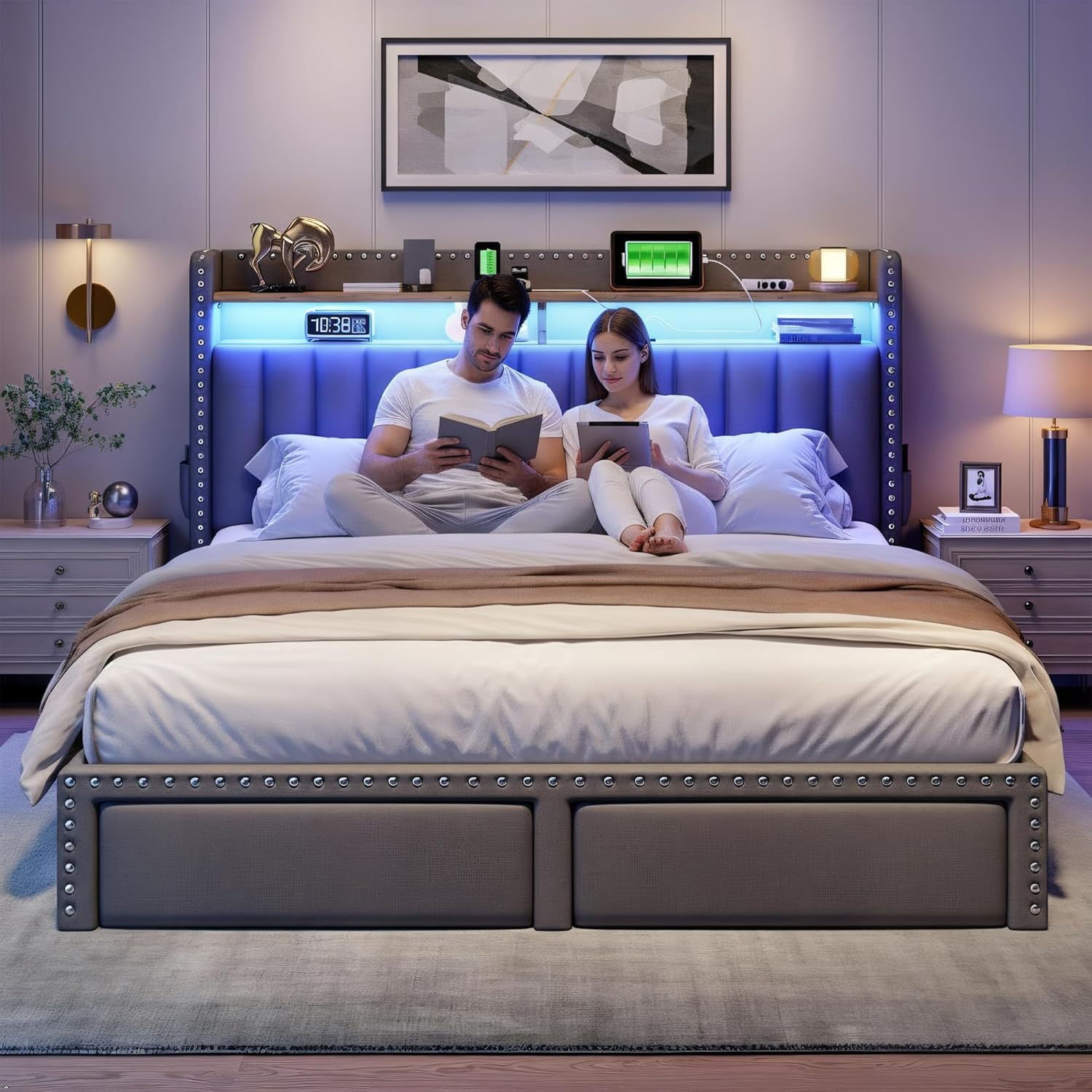 EnHomee Queen Bed Frame with 2 Storage Drawers, Upholstered Platform Bed with LED Lights and Charging Station, Sturdy Wooden Slats Support, No Box Spring Needed, Noise Free, Grey