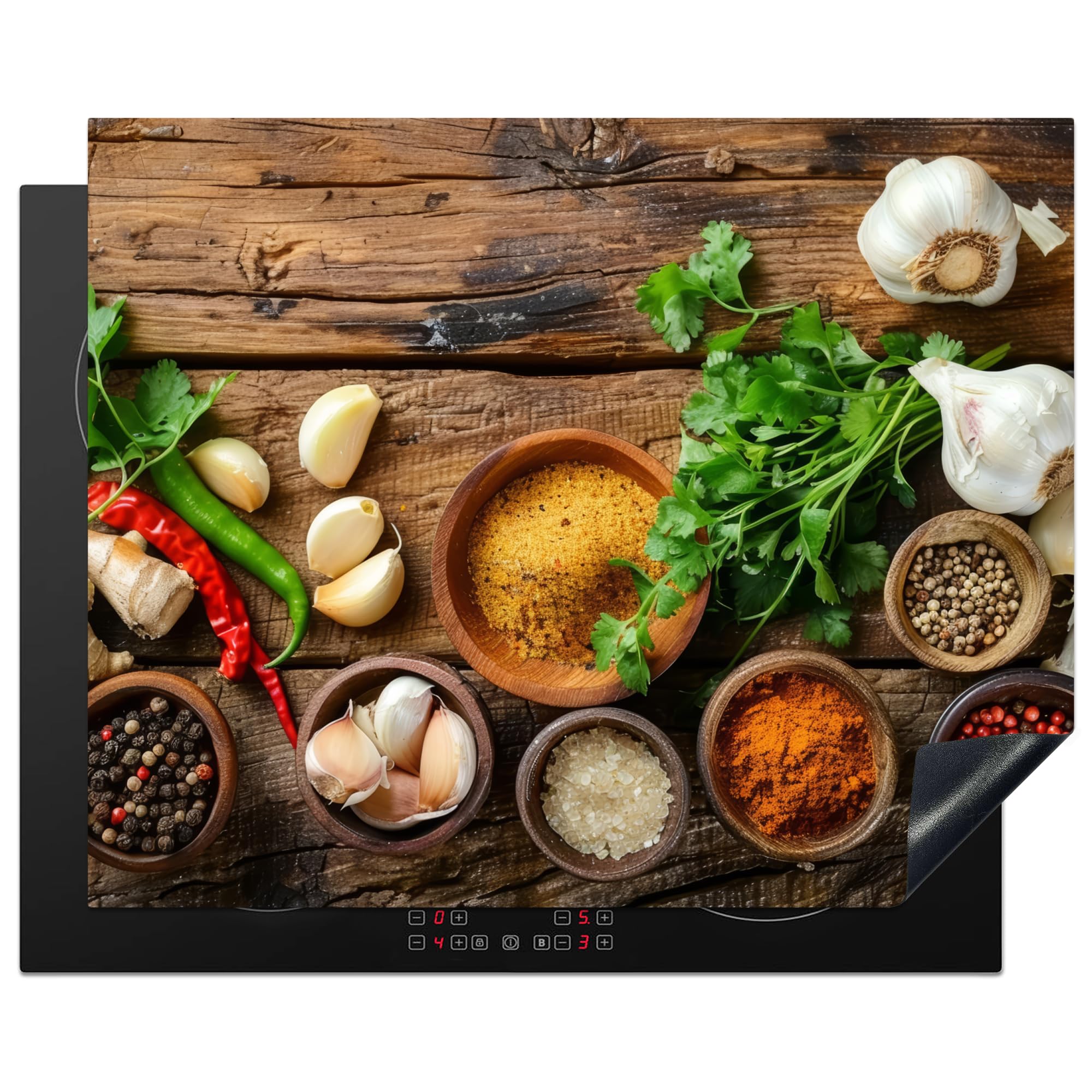 KitchenYeah© Induction Hob Protector Mat 20.5"x25.6" / 65x52 cm Cooker Top Protectors Cover Ceramic Covers Electric Hobs Vinyl Herbs - Spices - Basil - Wood Print - Garlic